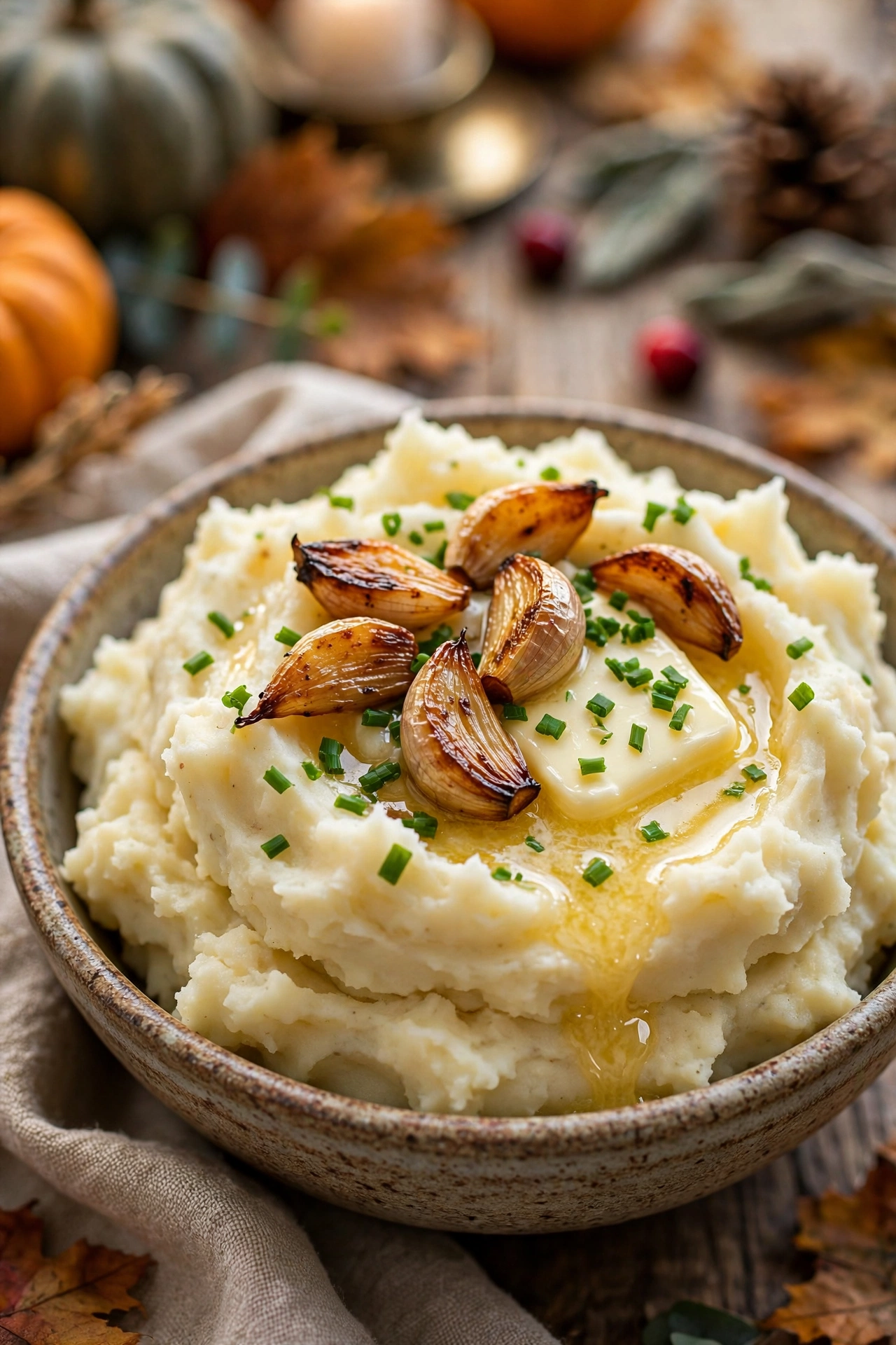 Creamy garlic mashed potatoes with roasted garlic and melted butter in a rustic bowl