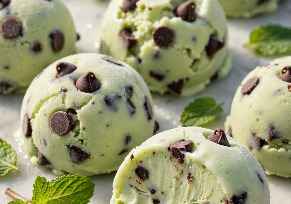 Mint chocolate chip frozen yogurt bites with fresh mint leaves on marble