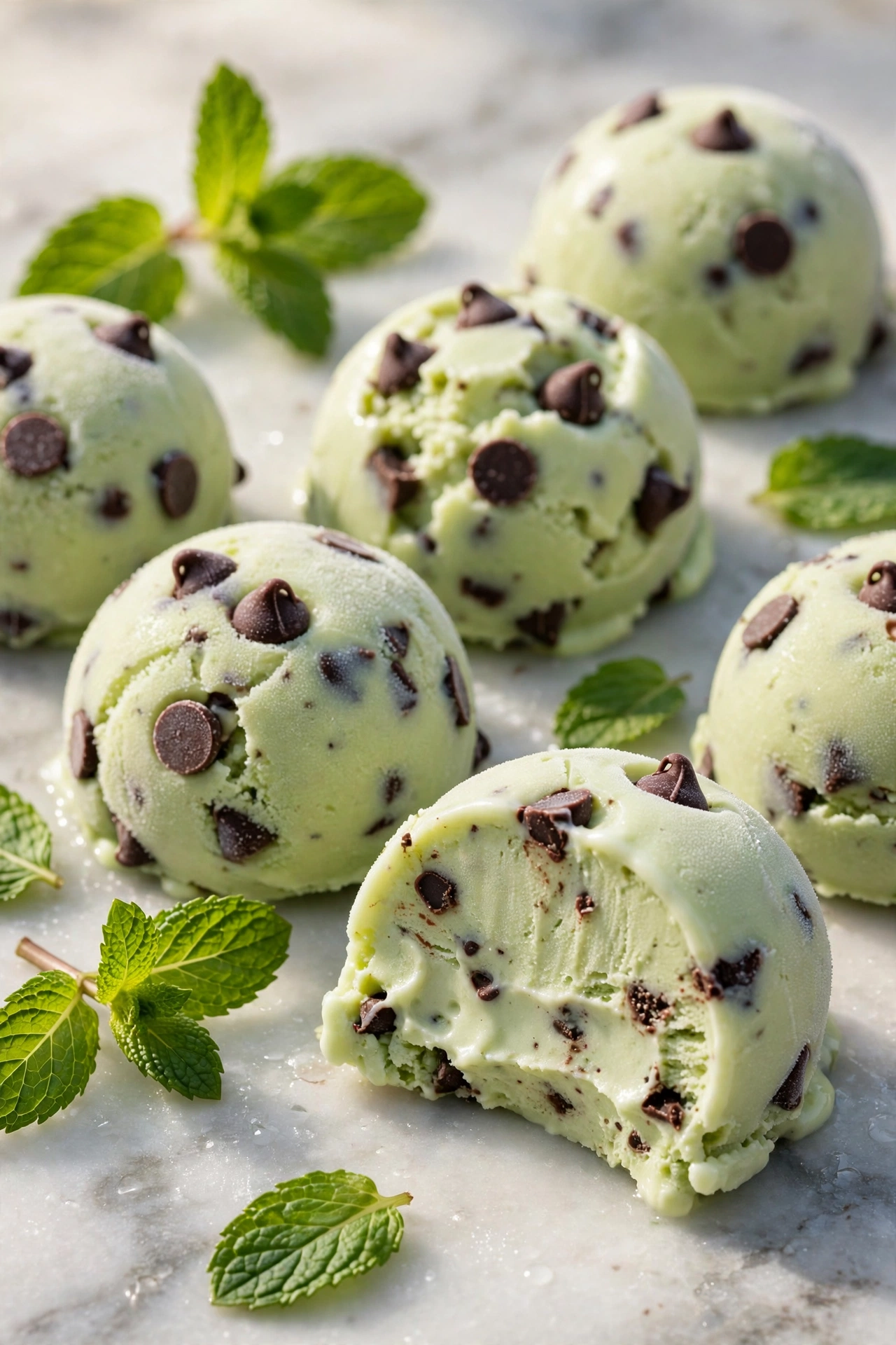 Mint chocolate chip frozen yogurt bites with fresh mint leaves on marble