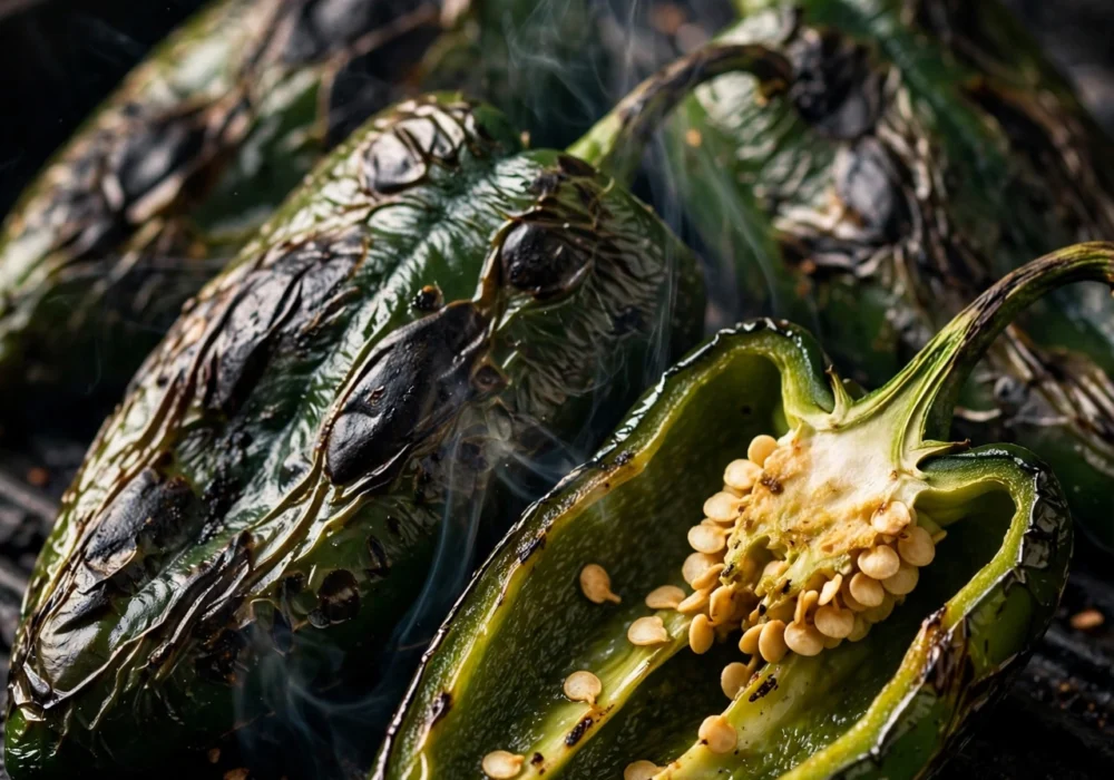 Fire-roasted poblano peppers with charred blistered skin on a grill pan