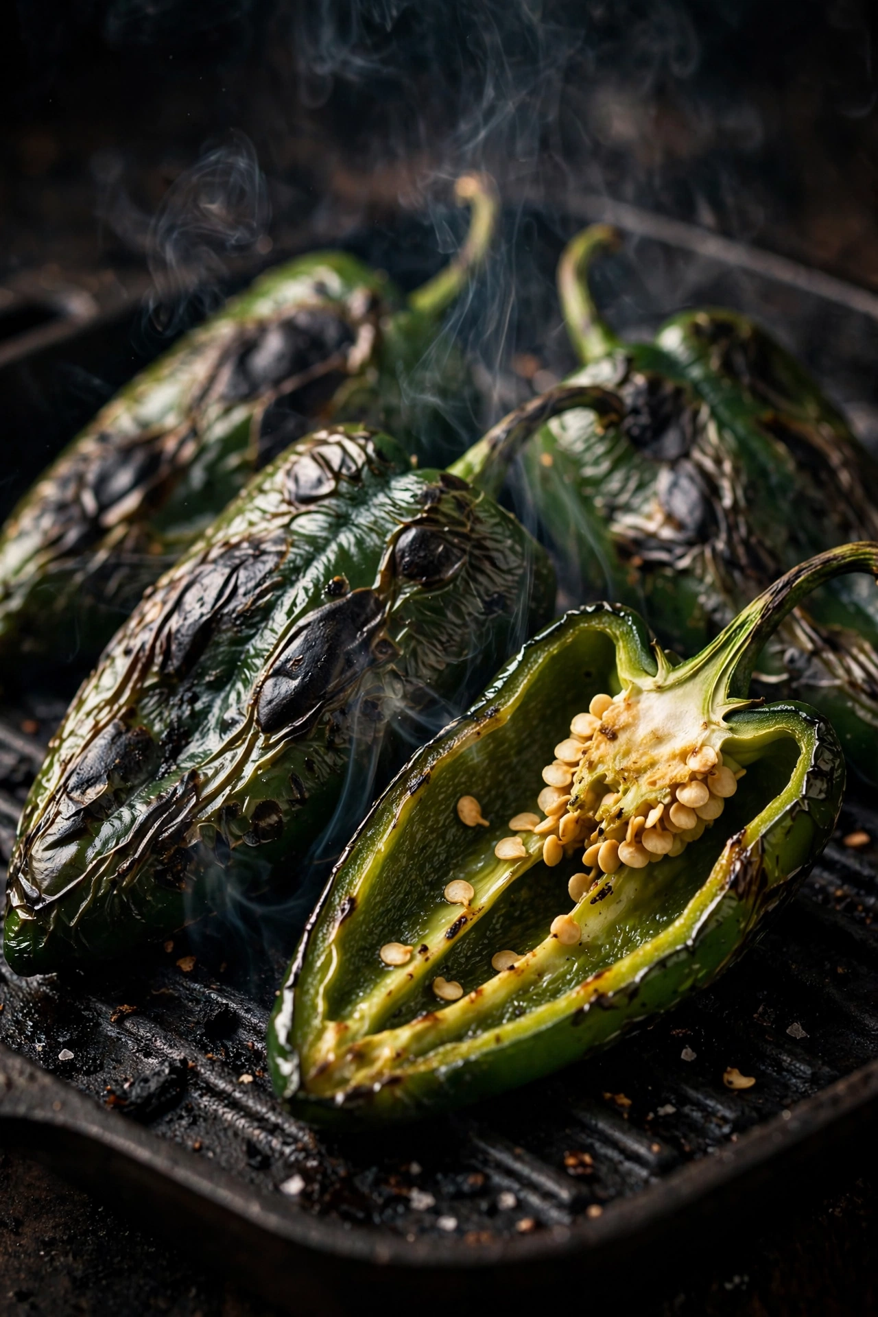 Fire-roasted poblano peppers with charred blistered skin on a grill pan