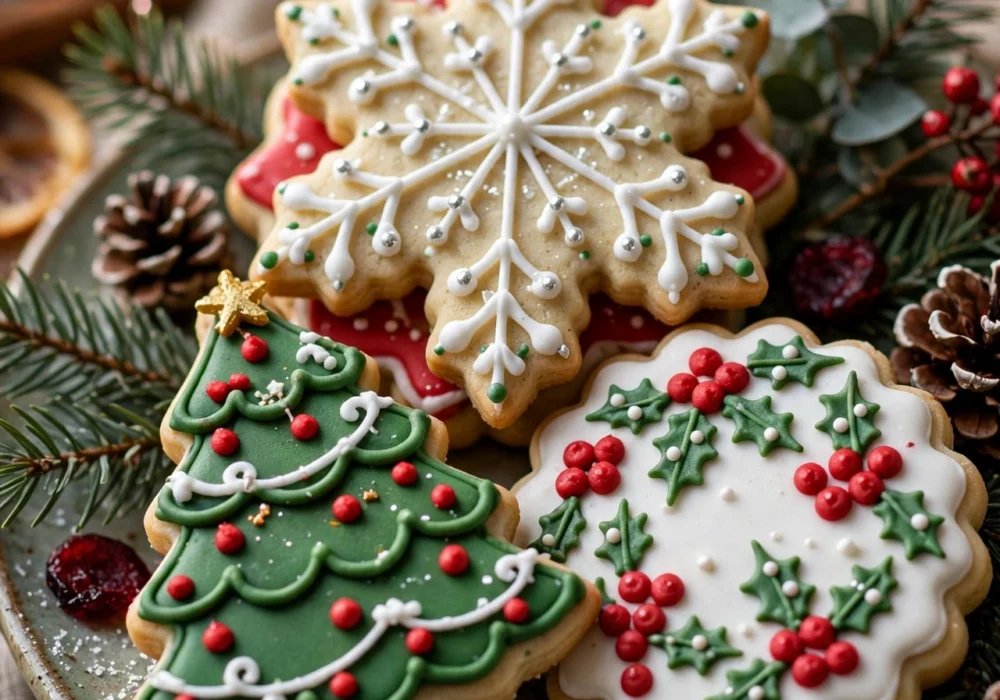 Decorated Christmas sugar cookies with red green and white royal icing on a festive platter