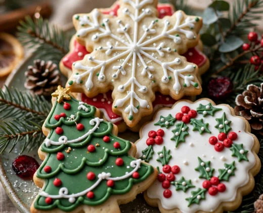 Decorated Christmas sugar cookies with red green and white royal icing on a festive platter