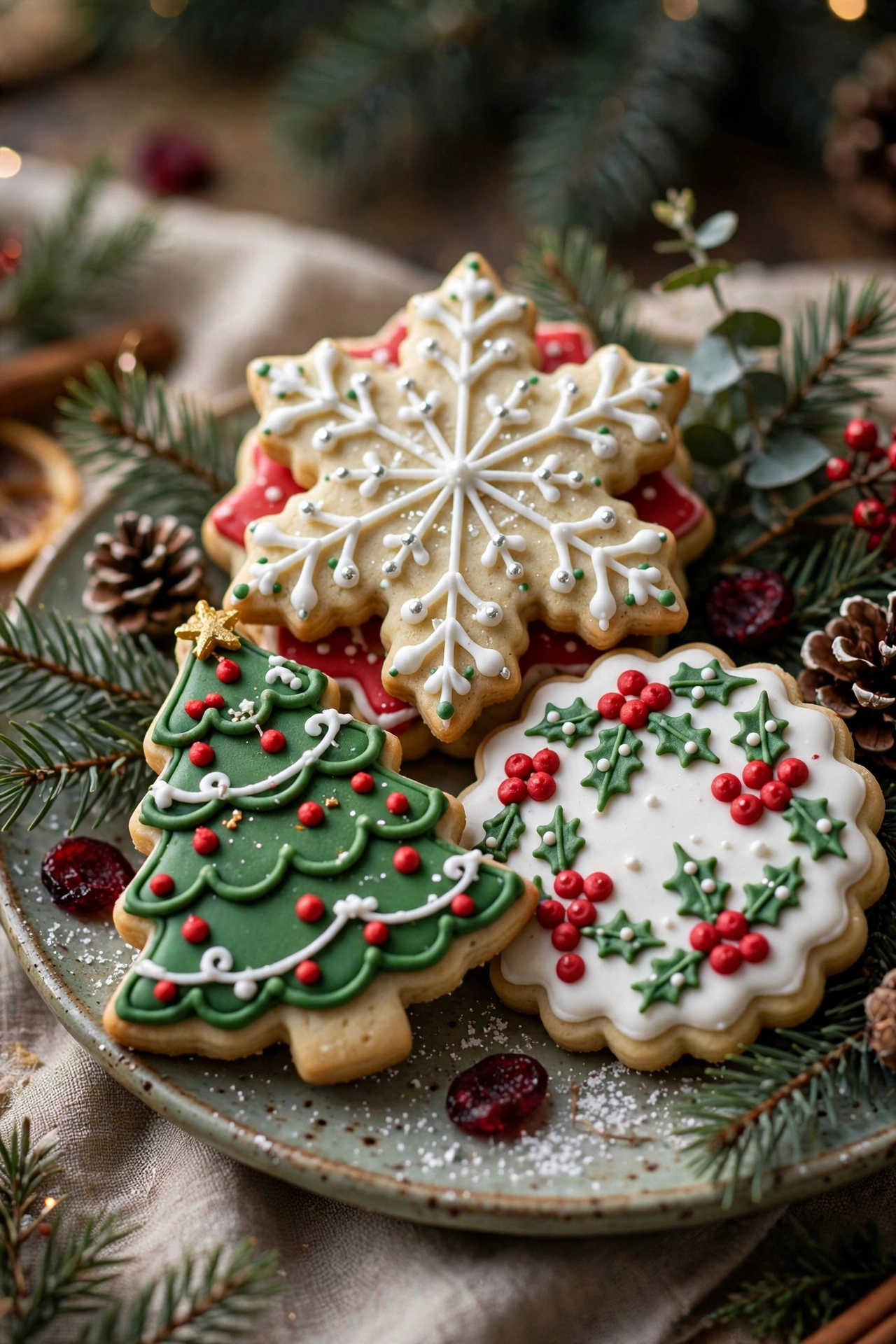 Decorated Christmas sugar cookies with red green and white royal icing on a festive platter