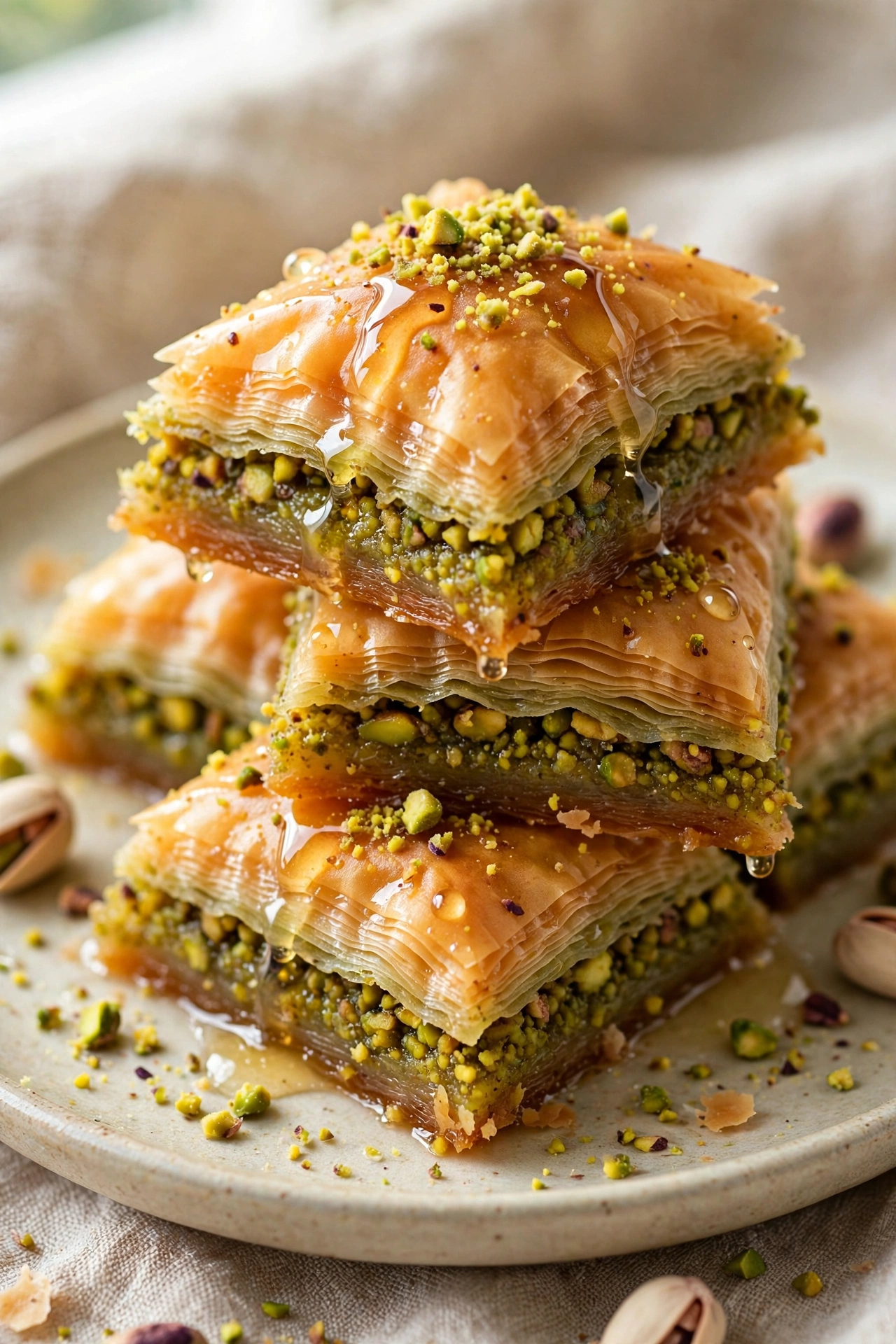 Pistachio baklava with golden phyllo layers and honey syrup
