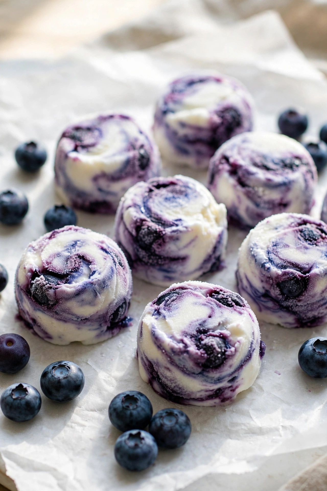 Frozen blueberry Greek yogurt bites with blueberry swirl on parchment paper