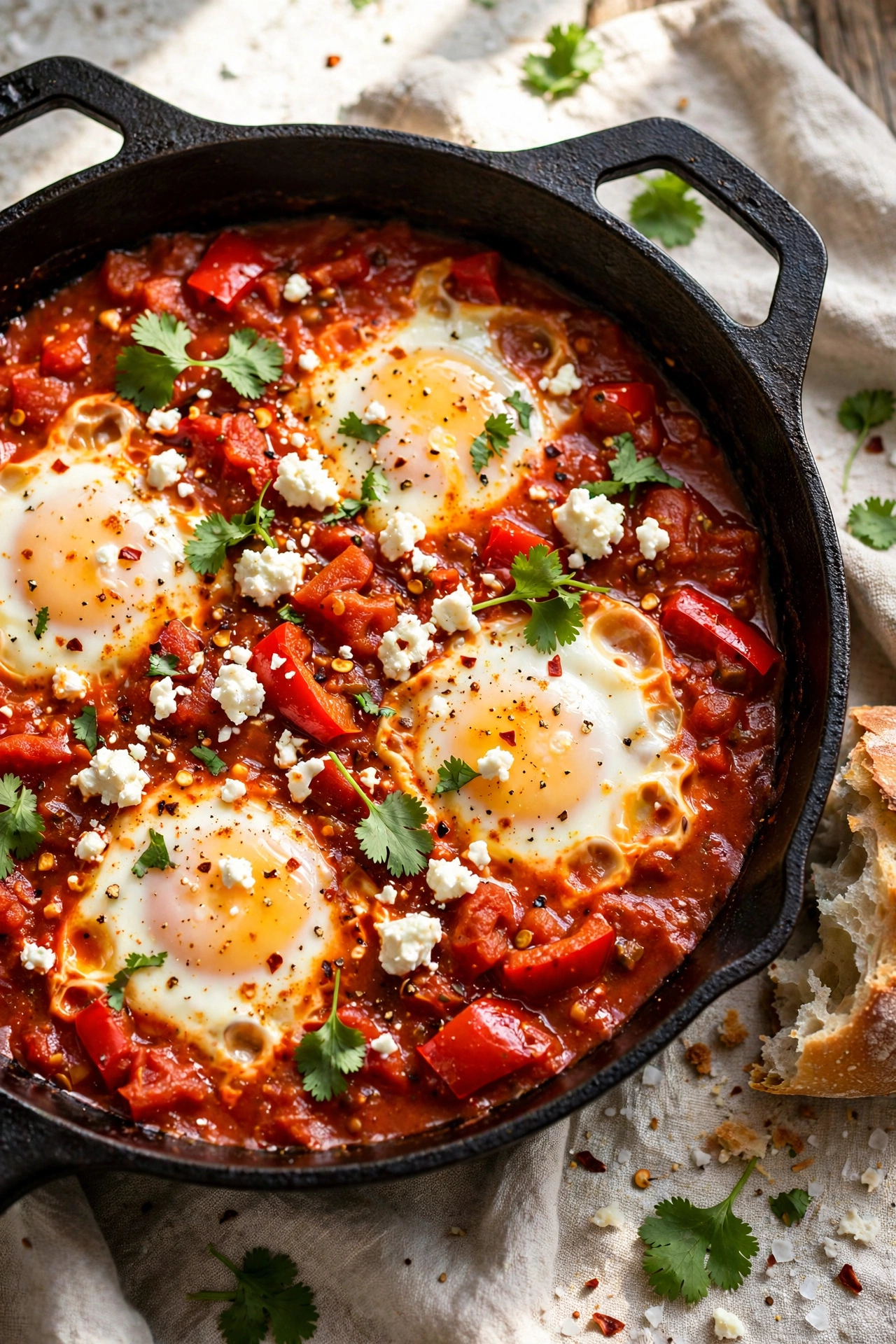 Classic red shakshuka with poached eggs in spiced tomato sauce and feta in a cast iron skillet