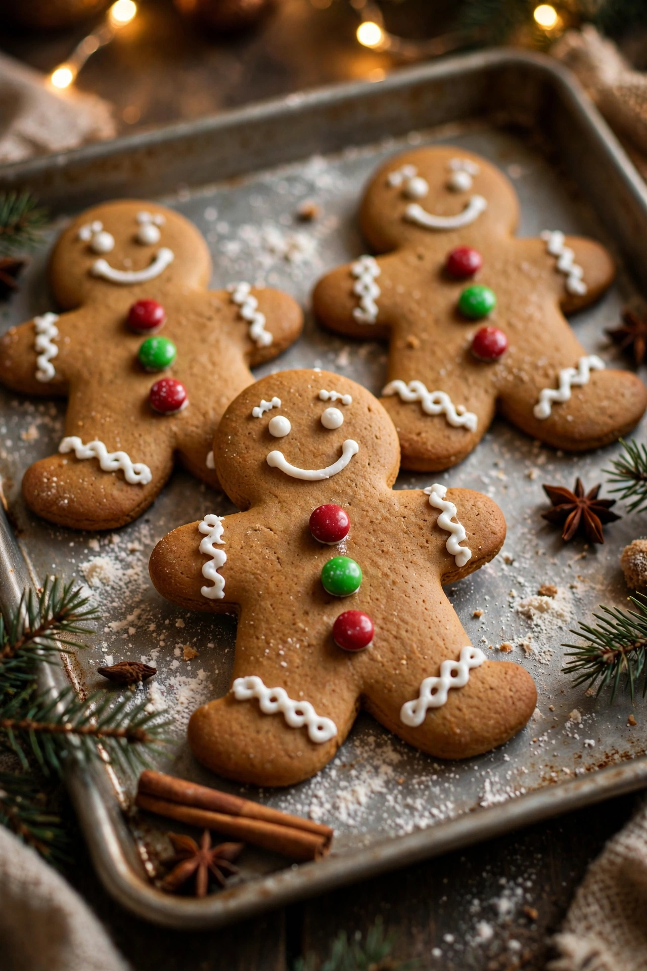 Decorated gingerbread men cookies with icing smiles on a baking sheet