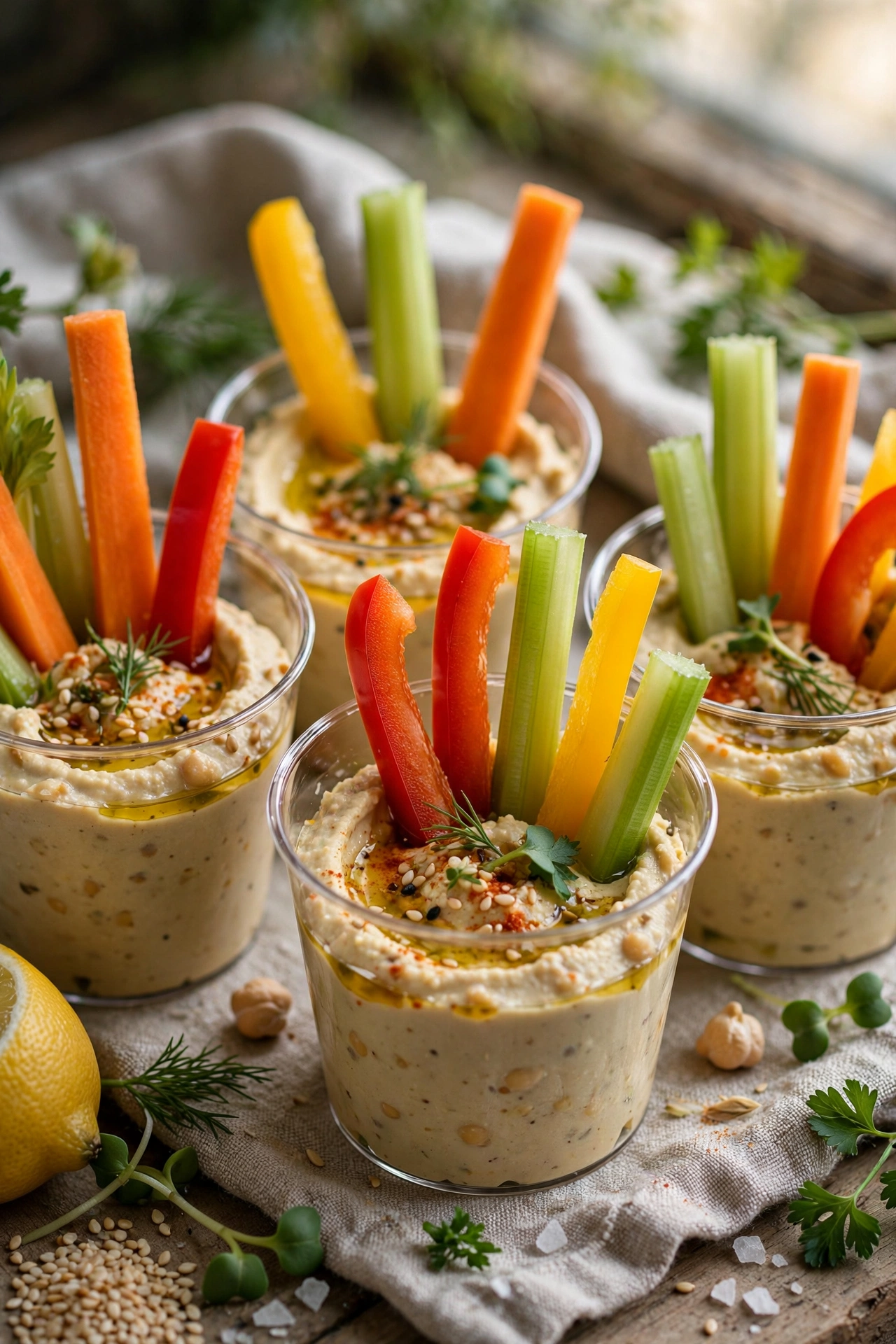 Individual hummus cups with carrot celery and bell pepper sticks