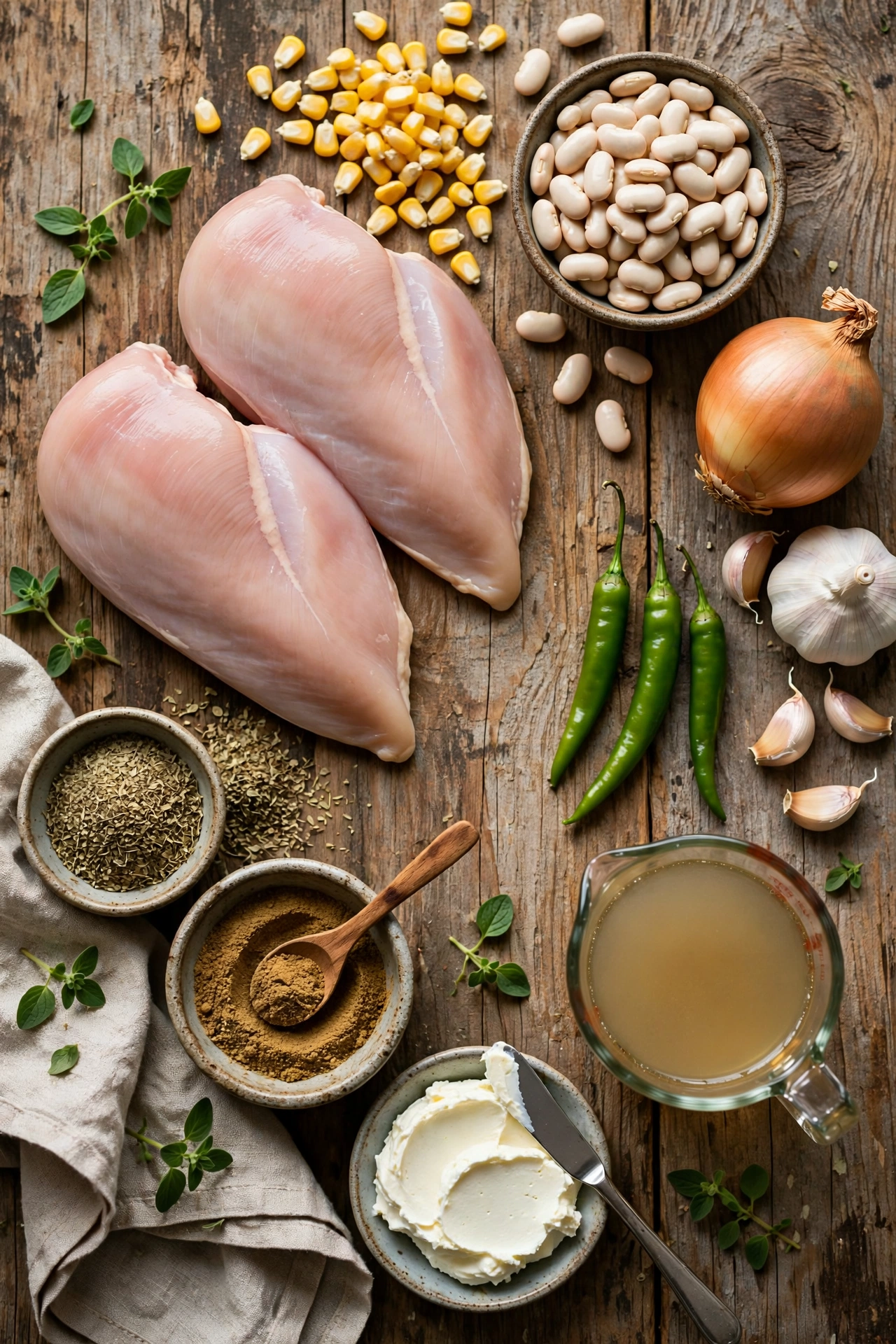 White chicken chili ingredients laid out: chicken beans corn onion garlic chilies broth and cream cheese
