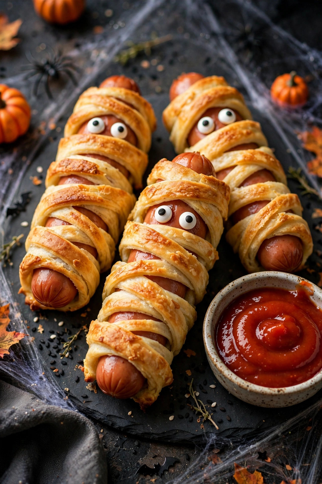 Halloween mummy hot dogs wrapped in crescent dough strips with candy eyes