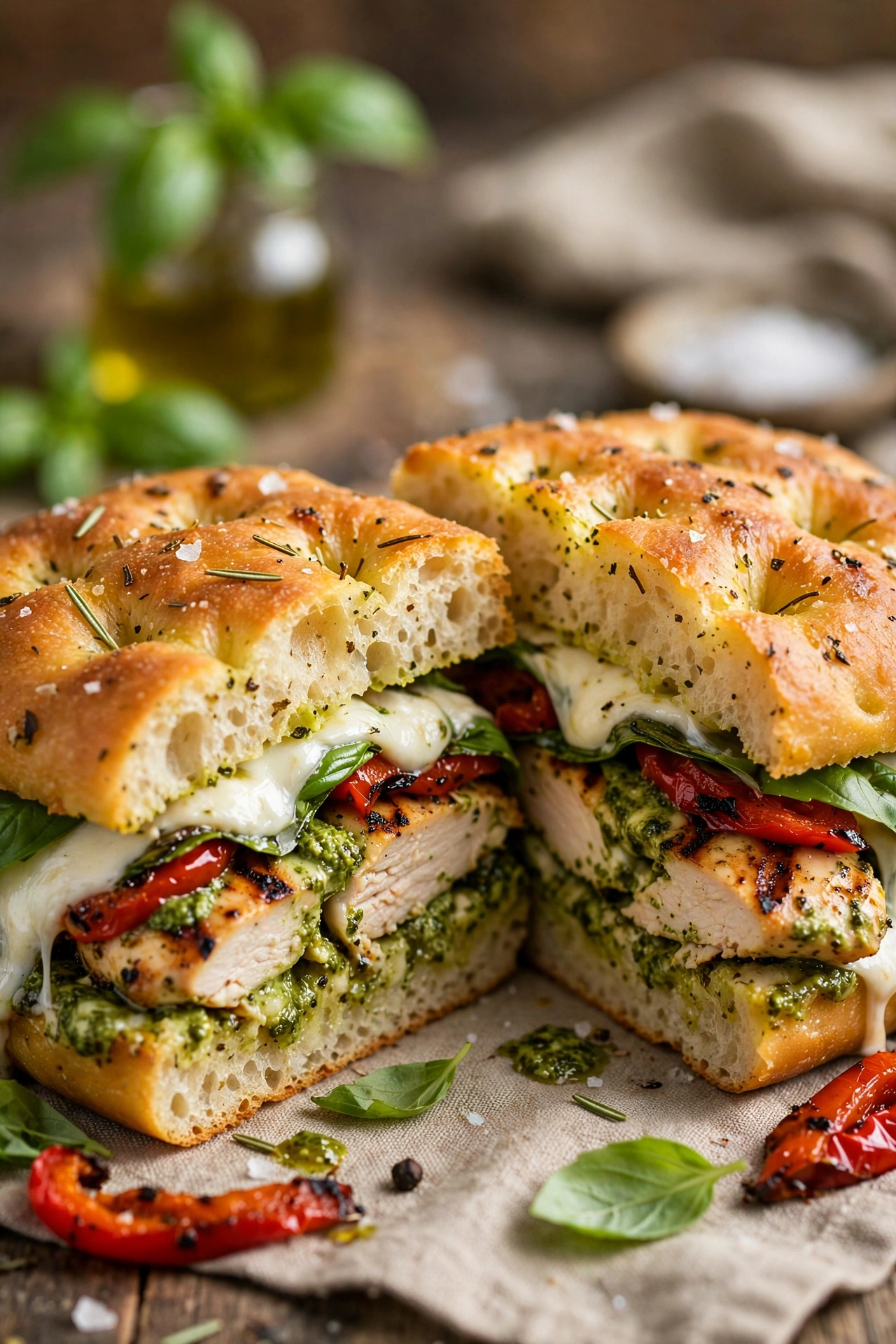 Basil pesto chicken sandwich with mozzarella on focaccia