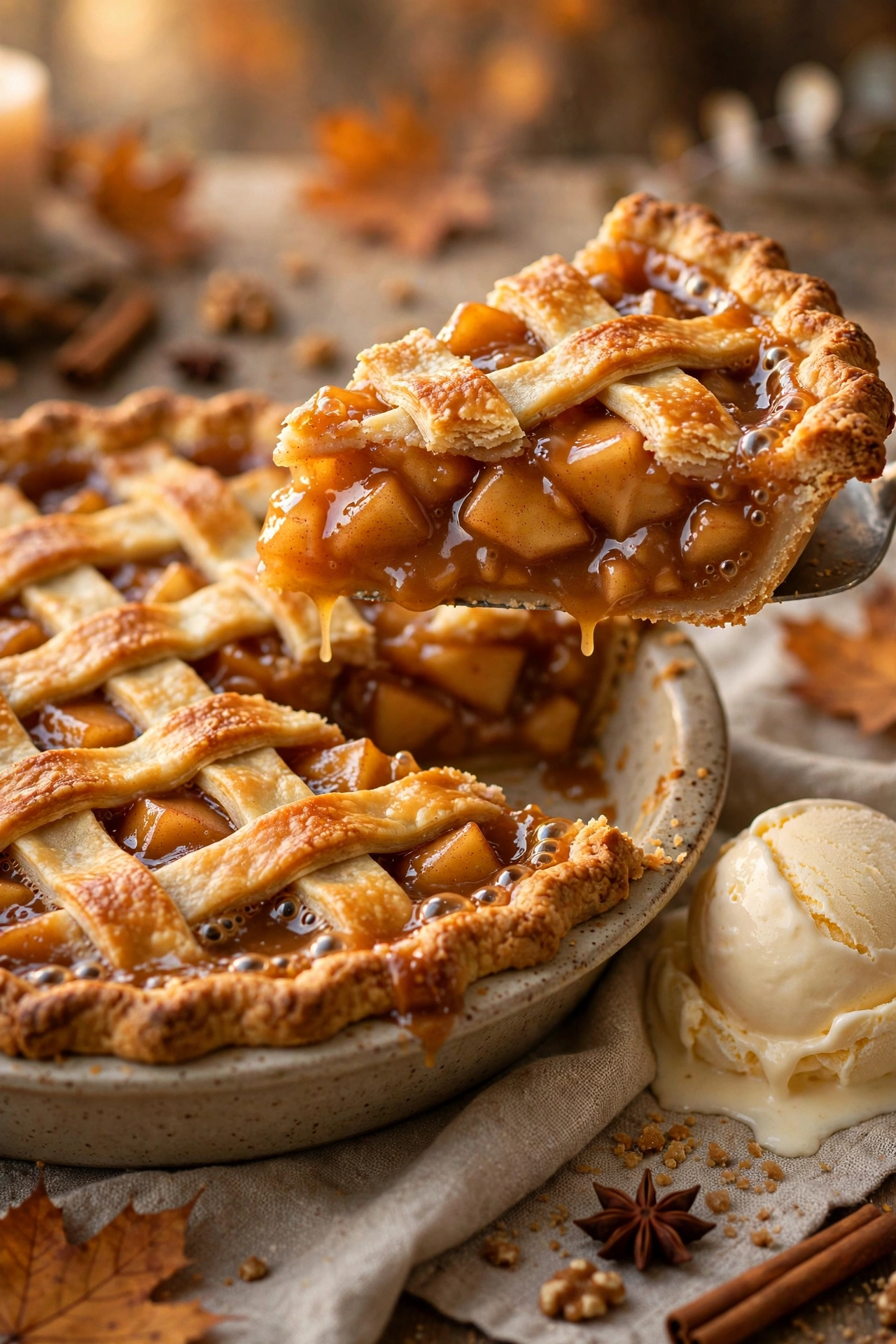 Caramel apple pie with lattice top and gooey caramel filling