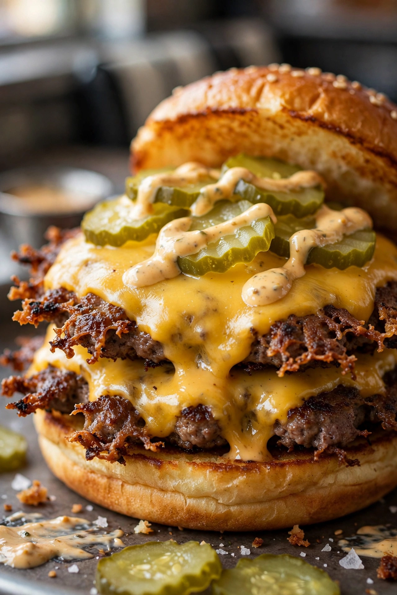 Crispy smash burgers with lacy edges and melted cheese on potato buns