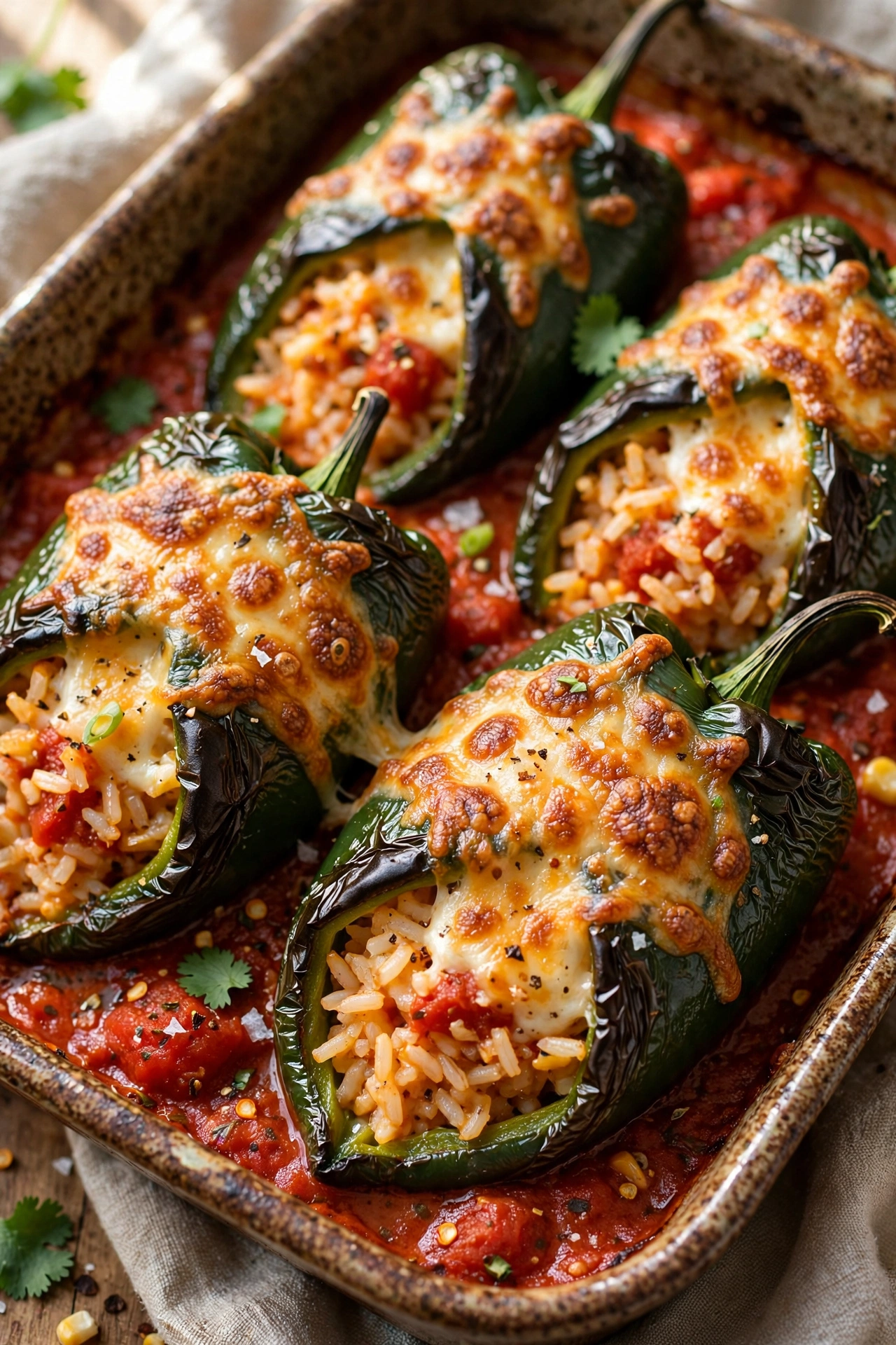Cheese stuffed poblano peppers with melted cheese in a baking dish