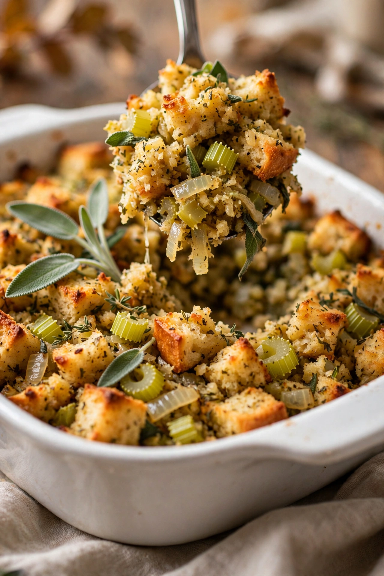 Classic herb stuffing with sage celery and onion in a white baking dish