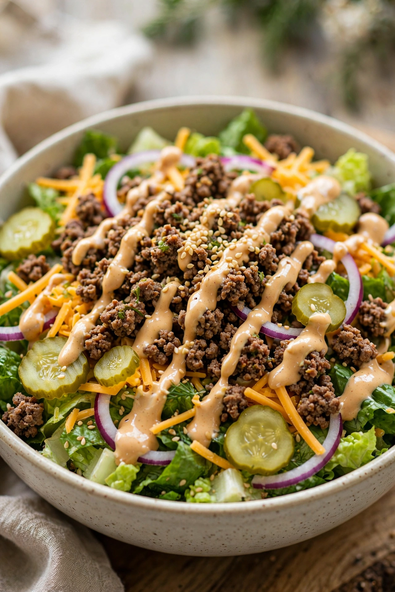 Big Mac salad bowl with ground beef, cheddar, pickles and special sauce