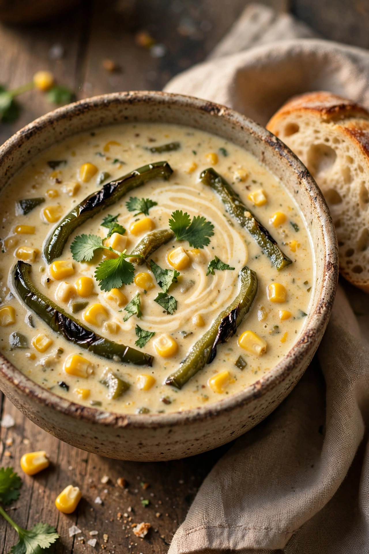 Creamy poblano corn chowder with roasted poblano strips in a rustic bowl