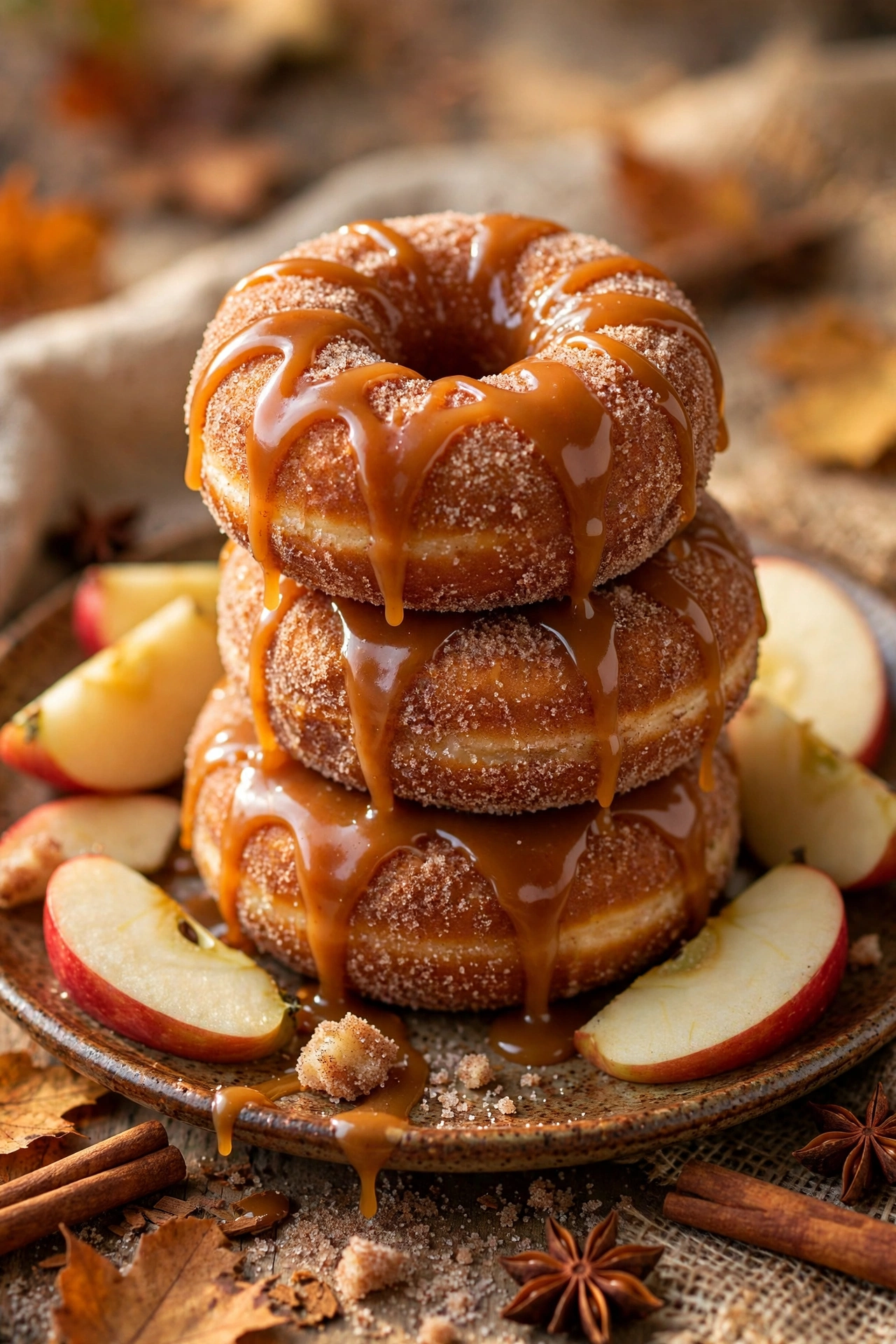 Caramel apple cider donuts with cinnamon sugar and caramel drizzle