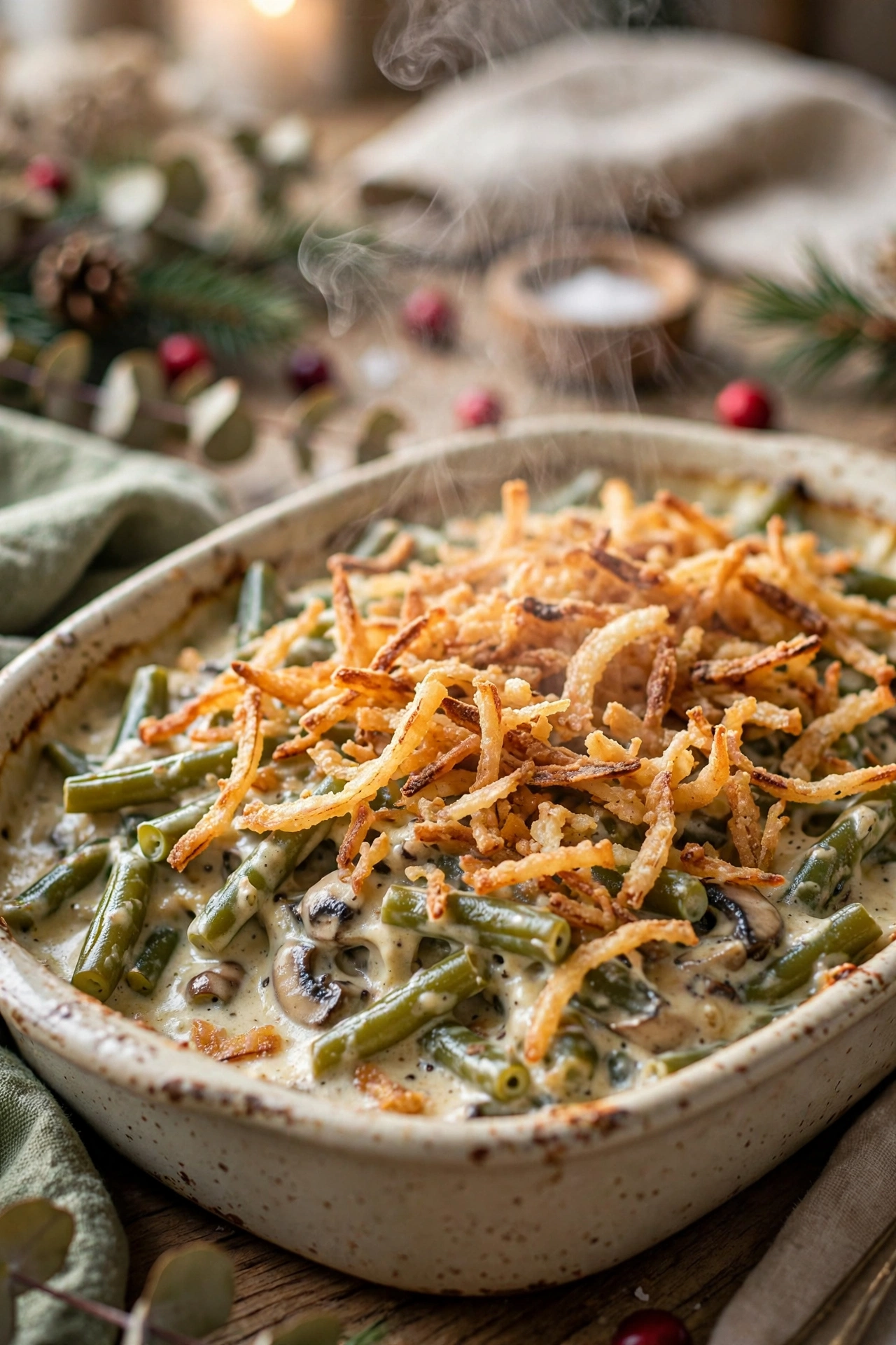 Green bean casserole topped with crispy fried onions in a baking dish