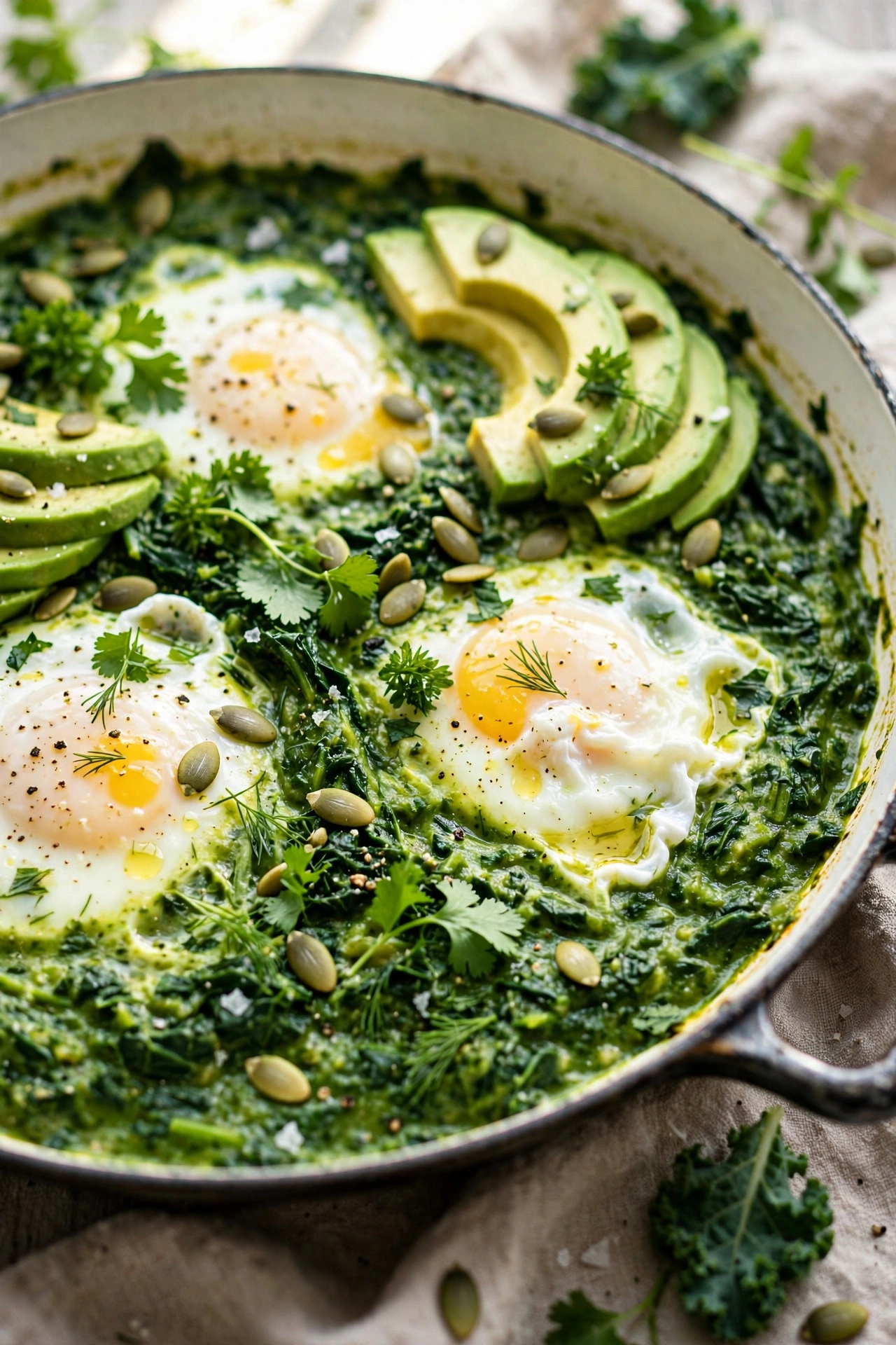Green shakshuka with poached eggs in spinach and herb sauce topped with avocado