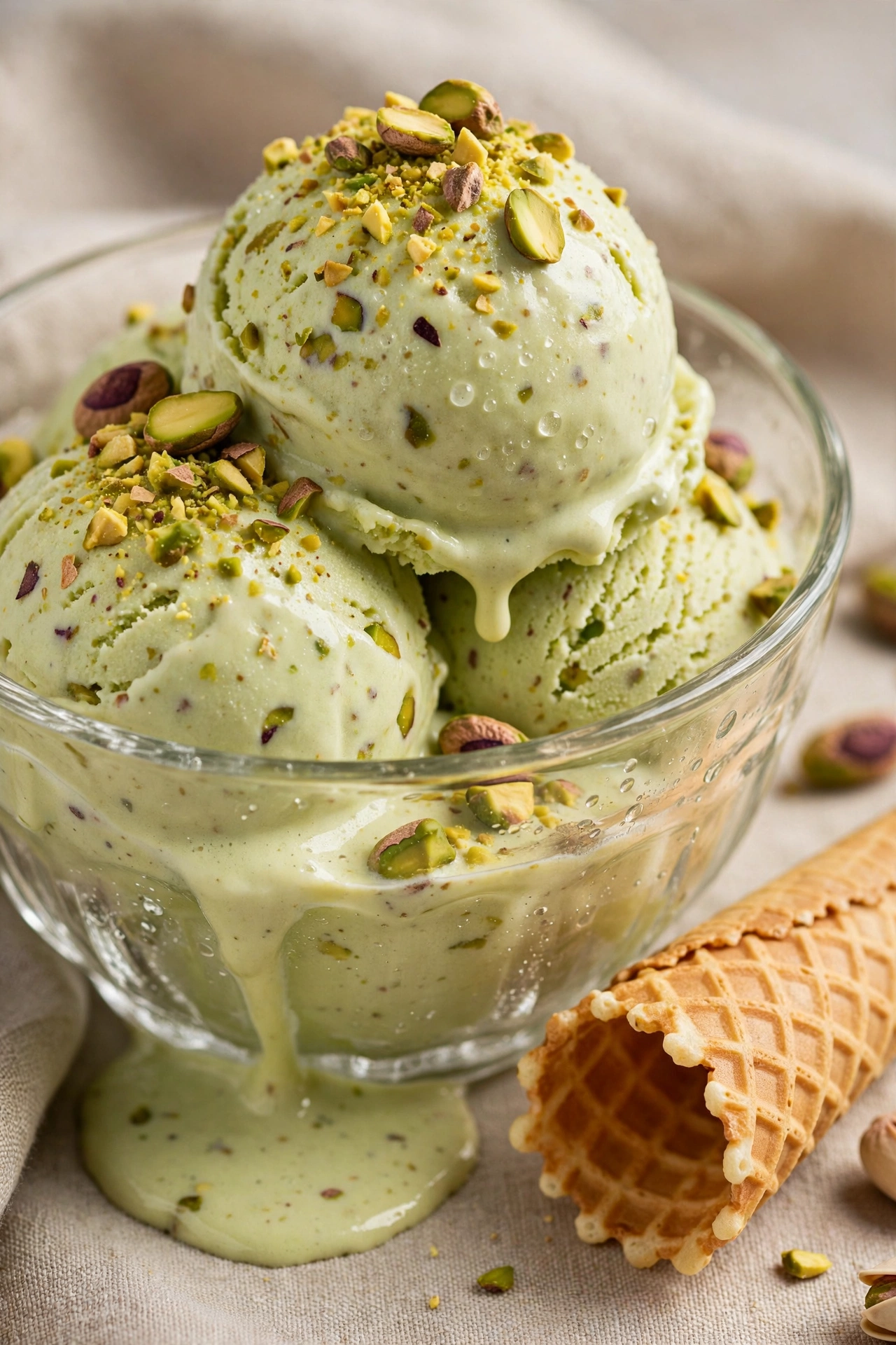 Pistachio ice cream scoops with crushed pistachios in a glass bowl