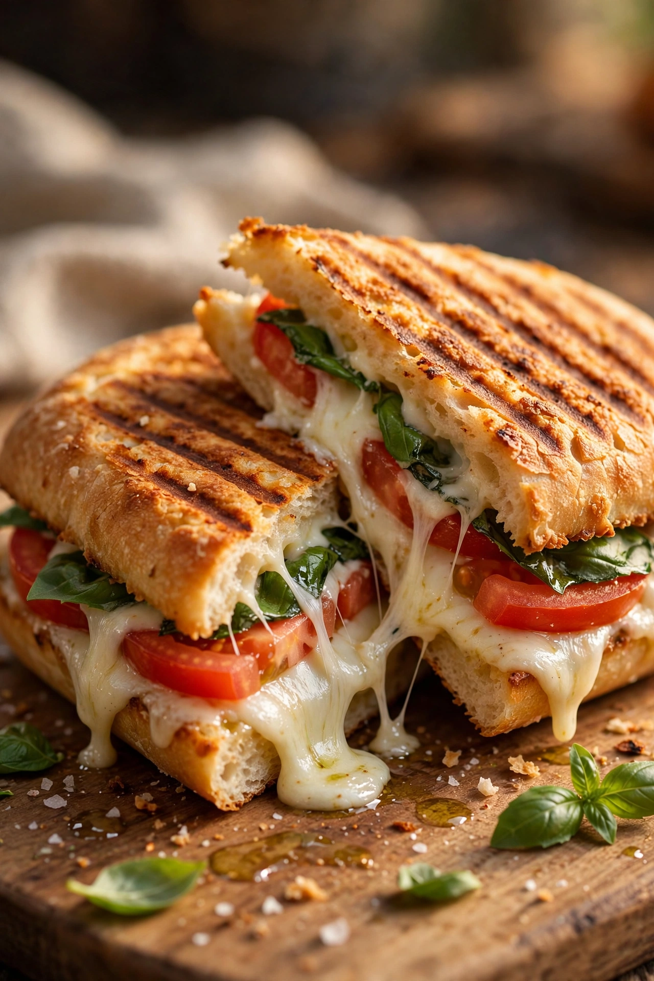 Tomato basil mozzarella panini with grill marks, cut diagonally
