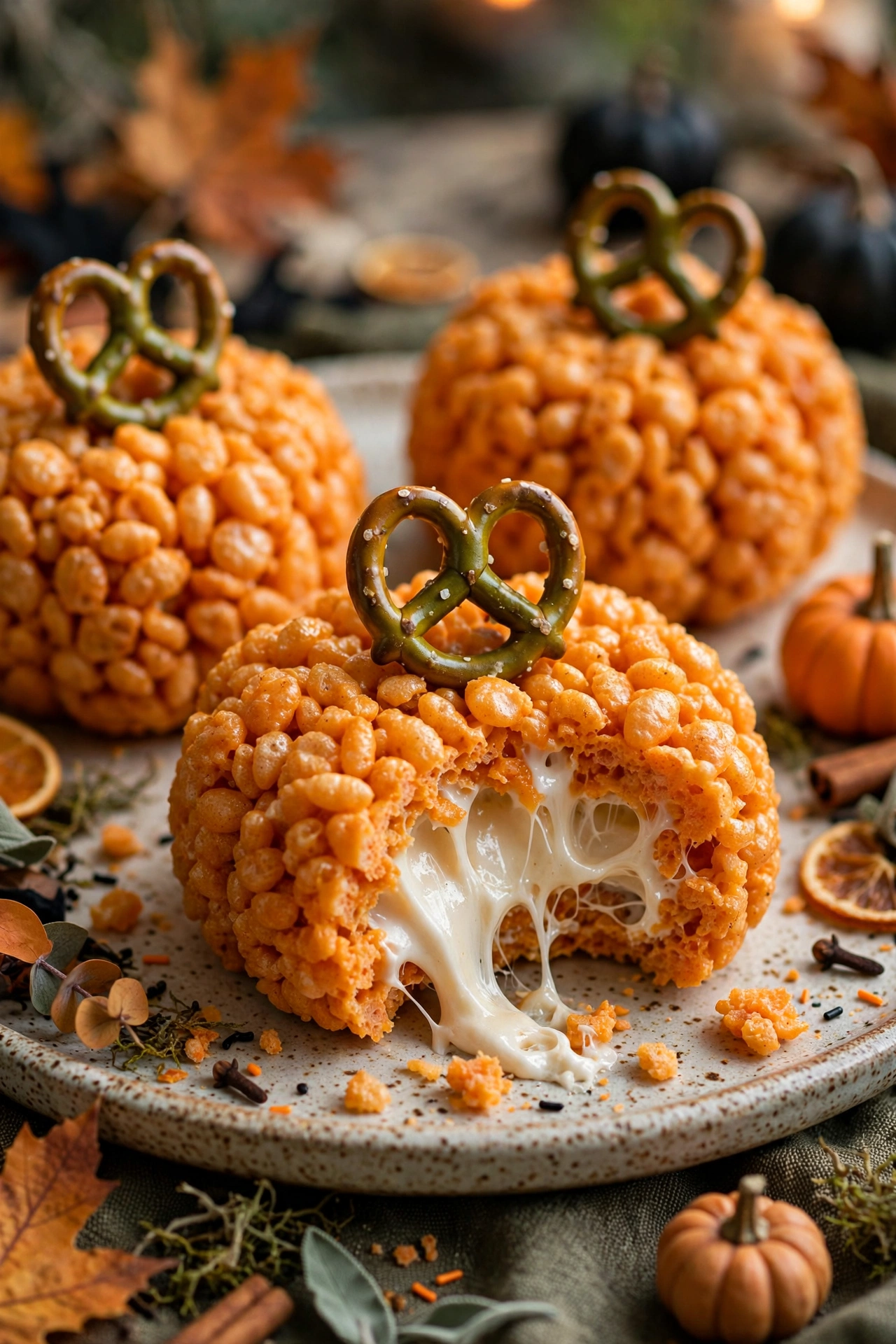 Pumpkin shaped rice krispie treats with green pretzel stems on a platter
