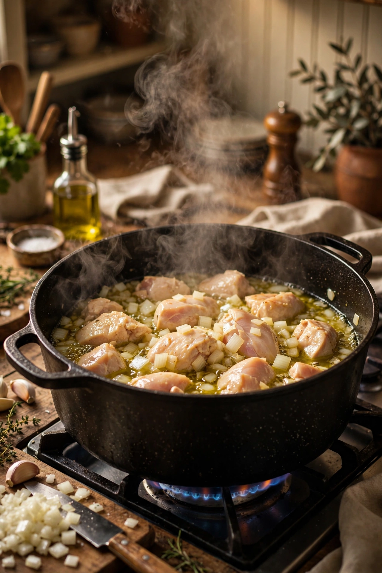 Chicken pieces and diced onion sauteing in a large pot with olive oil