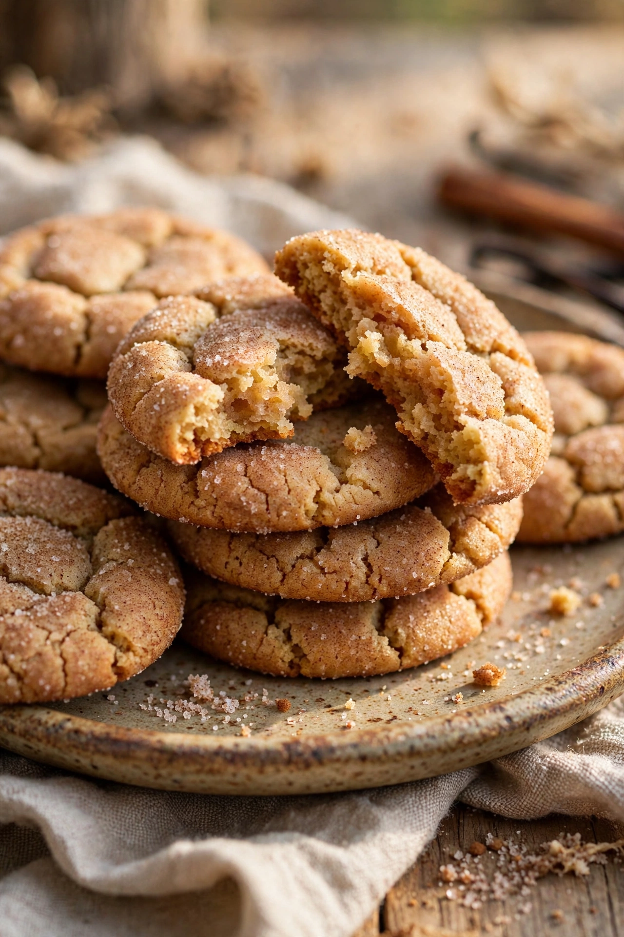 Cinnamon sugar snickerdoodle cookies stacked on a plate, one broken open