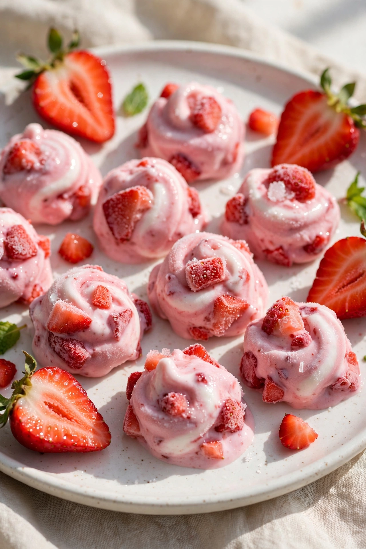 Frozen strawberry yogurt bites with fresh strawberry pieces on a white plate