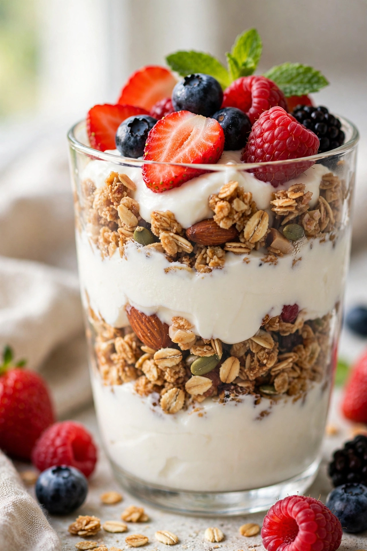 Layered Greek yogurt parfait with granola and fresh berries in a glass