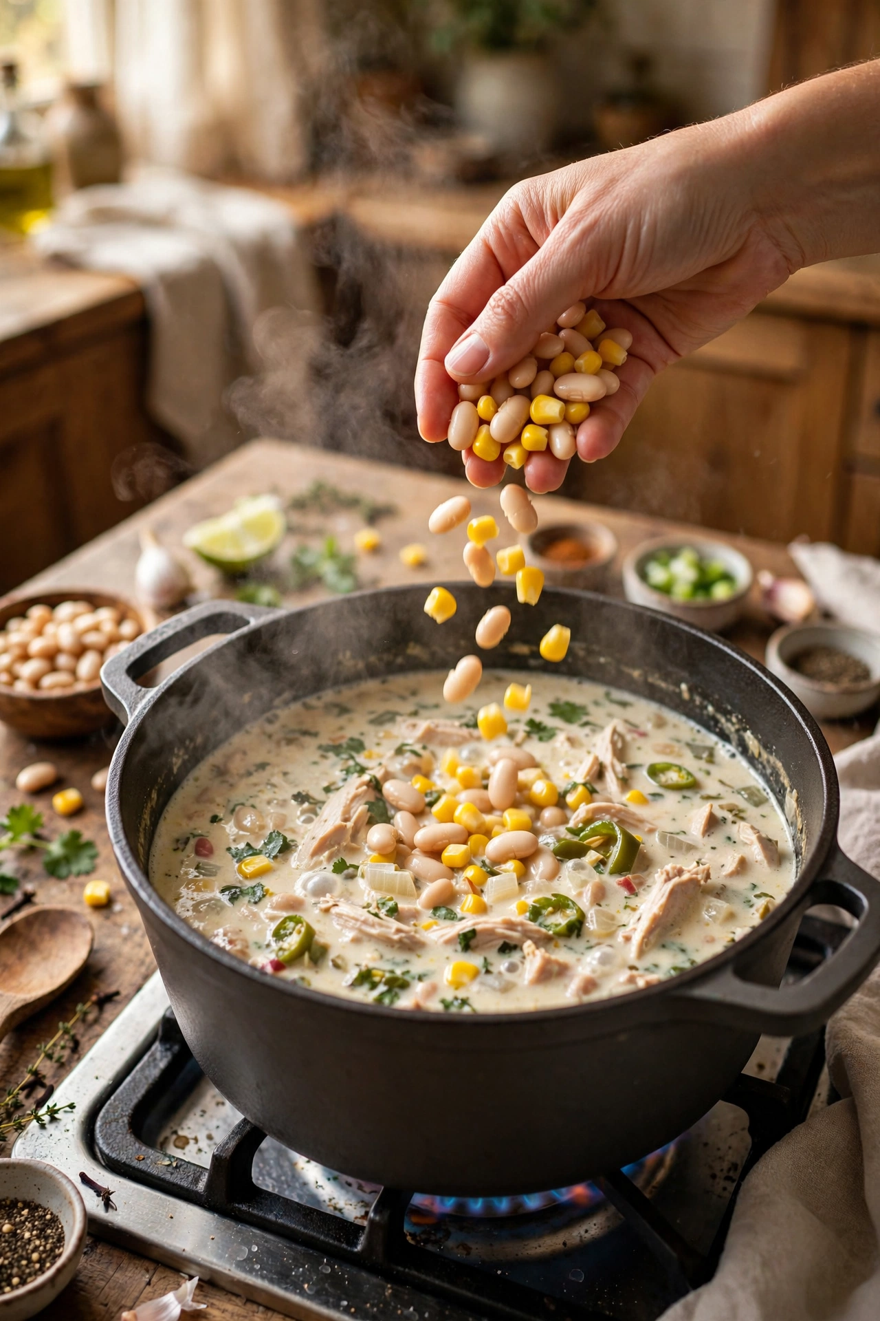 Hand adding white beans and corn into a simmering pot of creamy chili