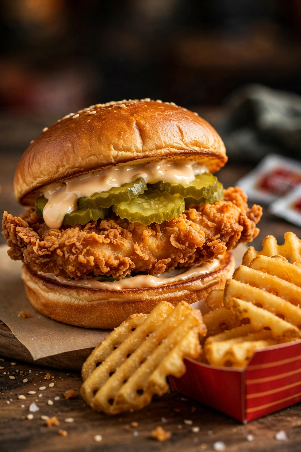 Crispy copycat chicken sandwich with pickles on a brioche bun