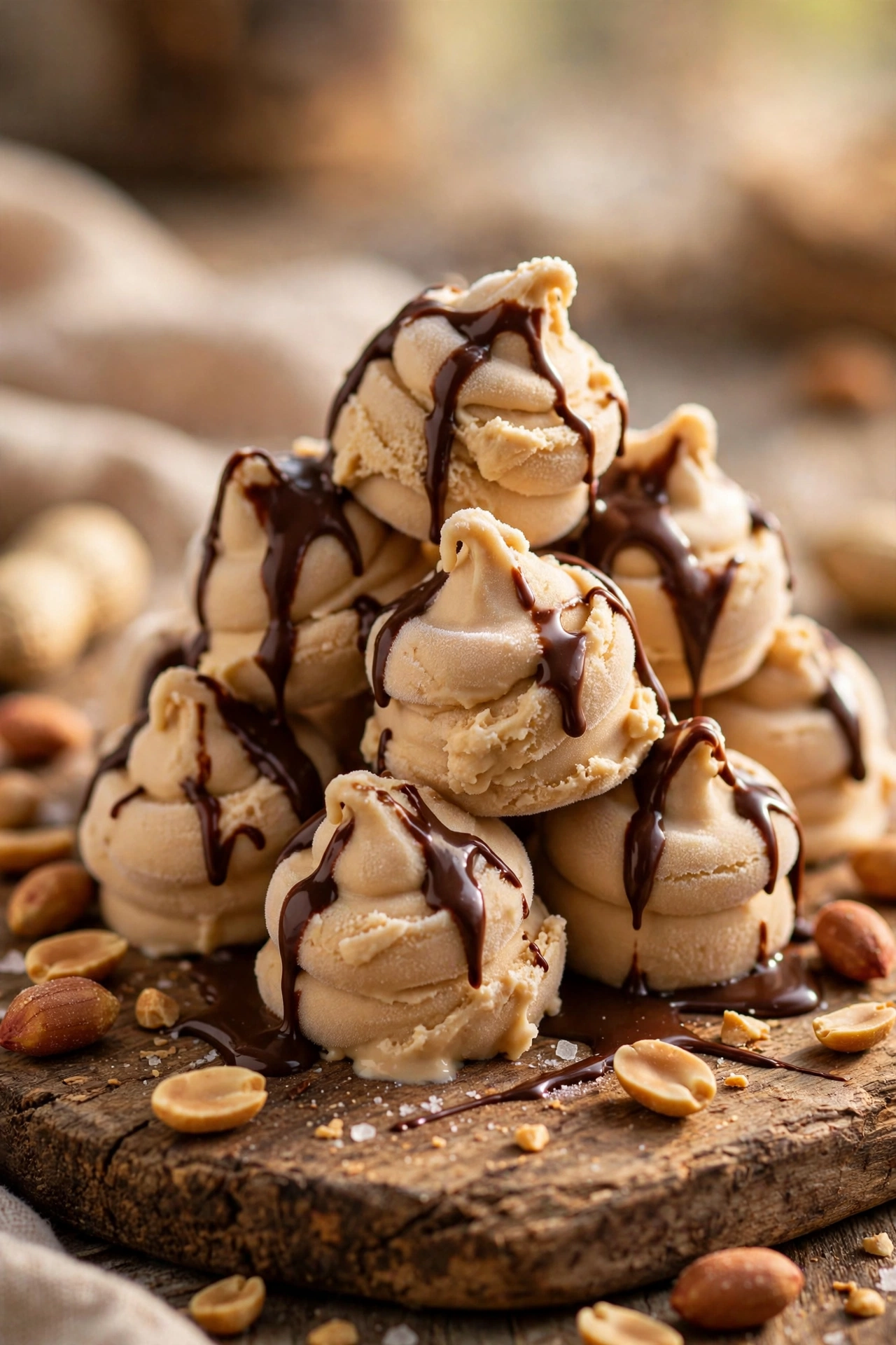 Chocolate peanut butter frozen yogurt bites drizzled with dark chocolate on a wooden board