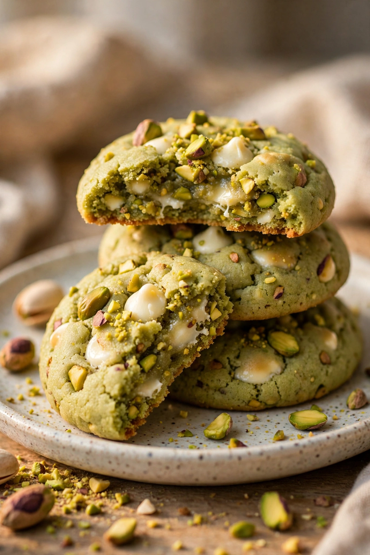 Pistachio cookies with white chocolate chips stacked on a plate