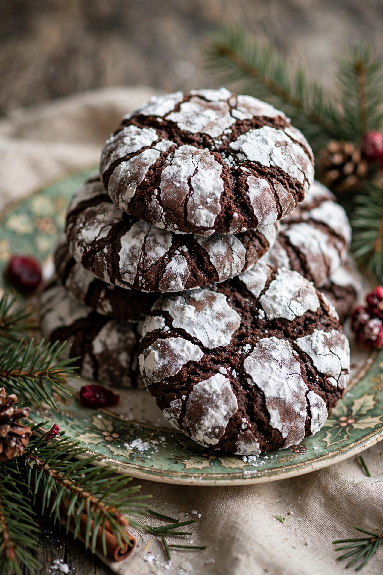 Chocolate crinkle cookies with powdered sugar crackle tops on a festive plate