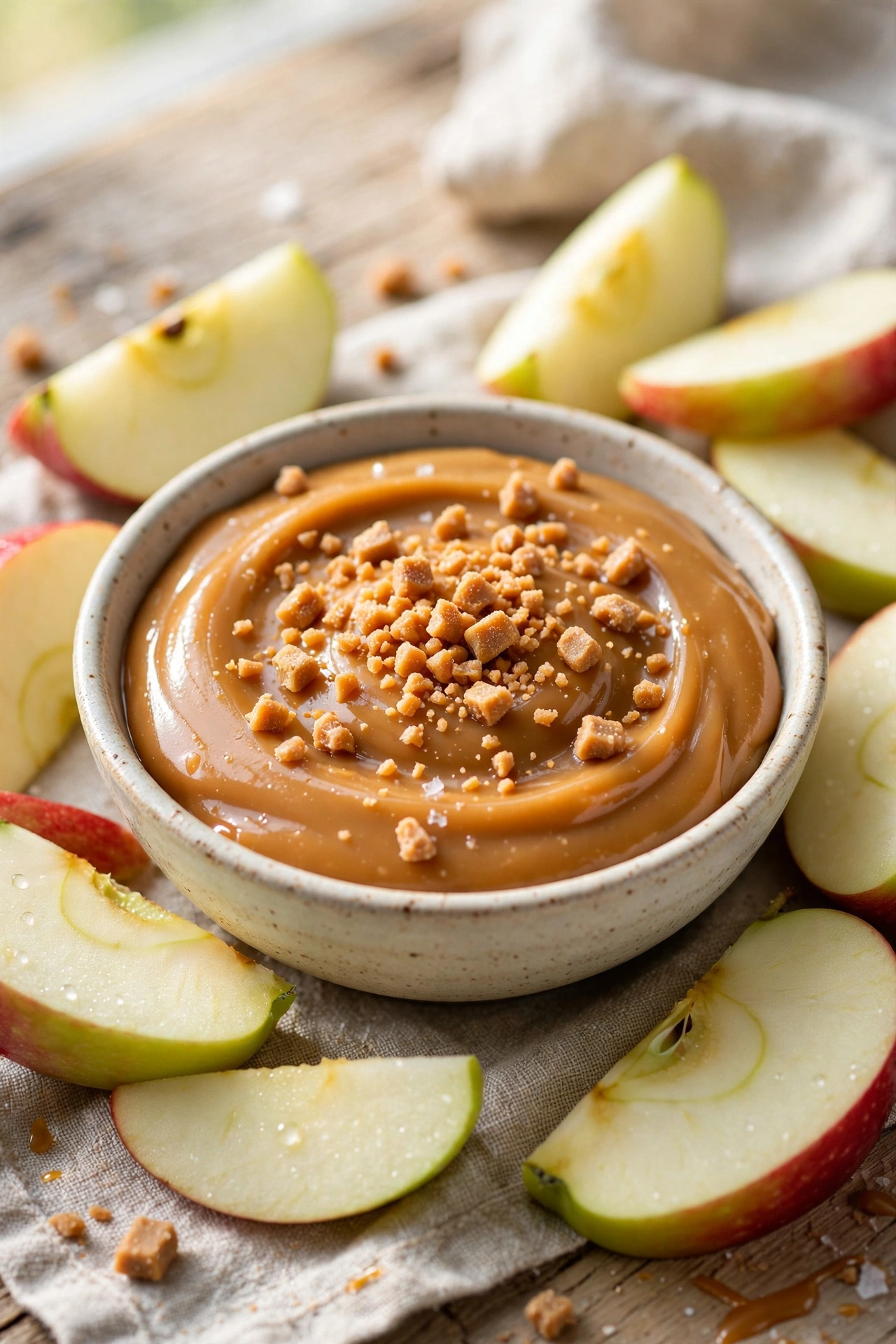 Caramel apple dip with toffee bits surrounded by apple slices