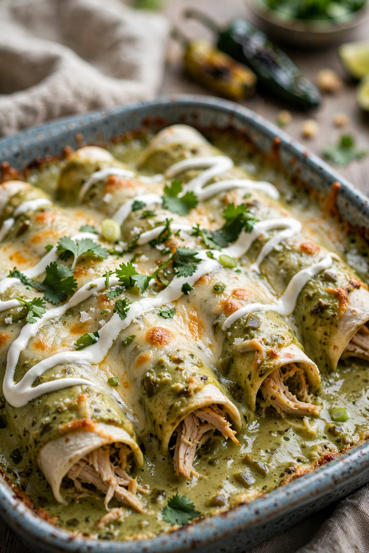 Poblano chicken enchiladas with melted cheese and sour cream drizzle