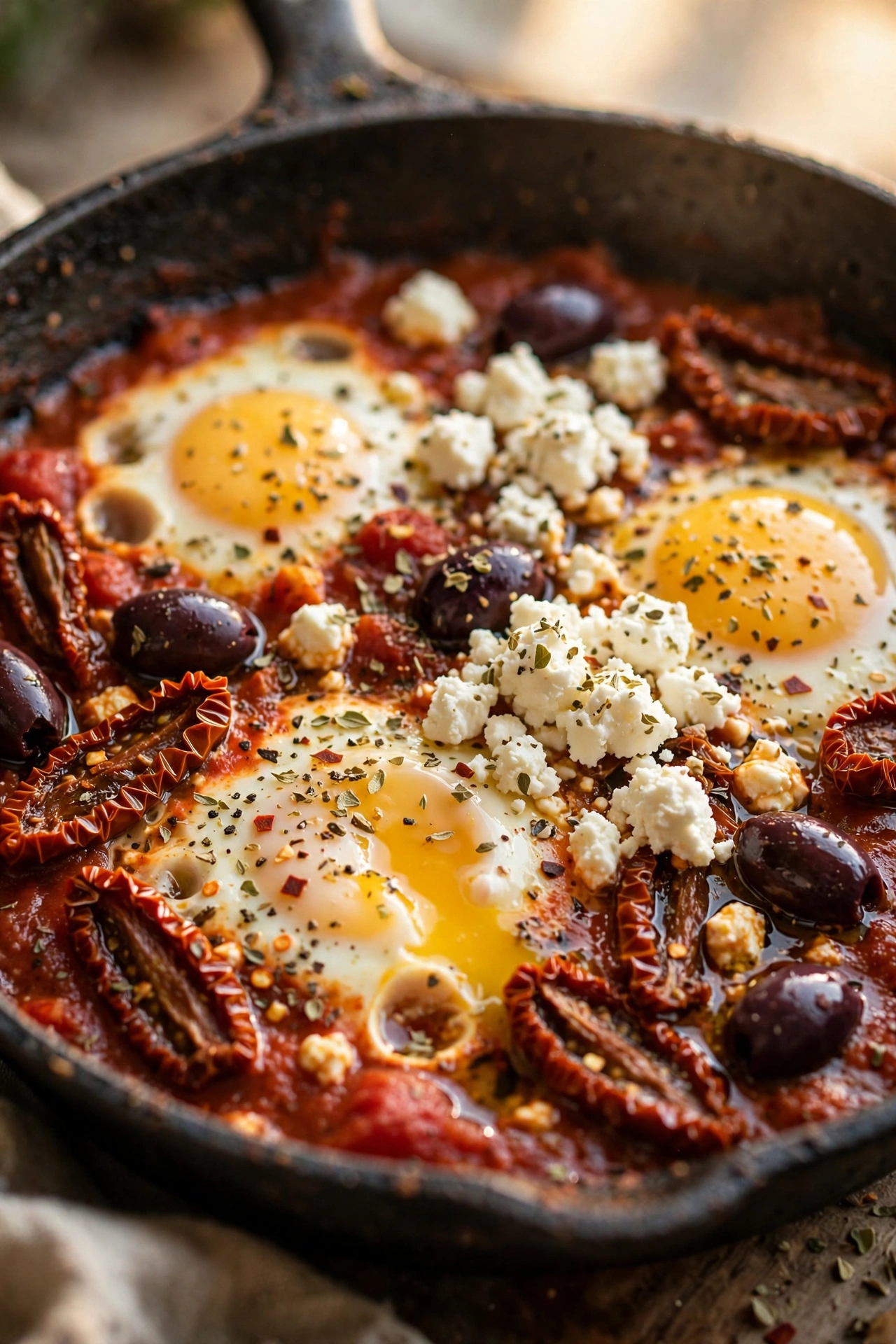 Mediterranean shakshuka with olives, sun-dried tomatoes and feta in a rustic pan
