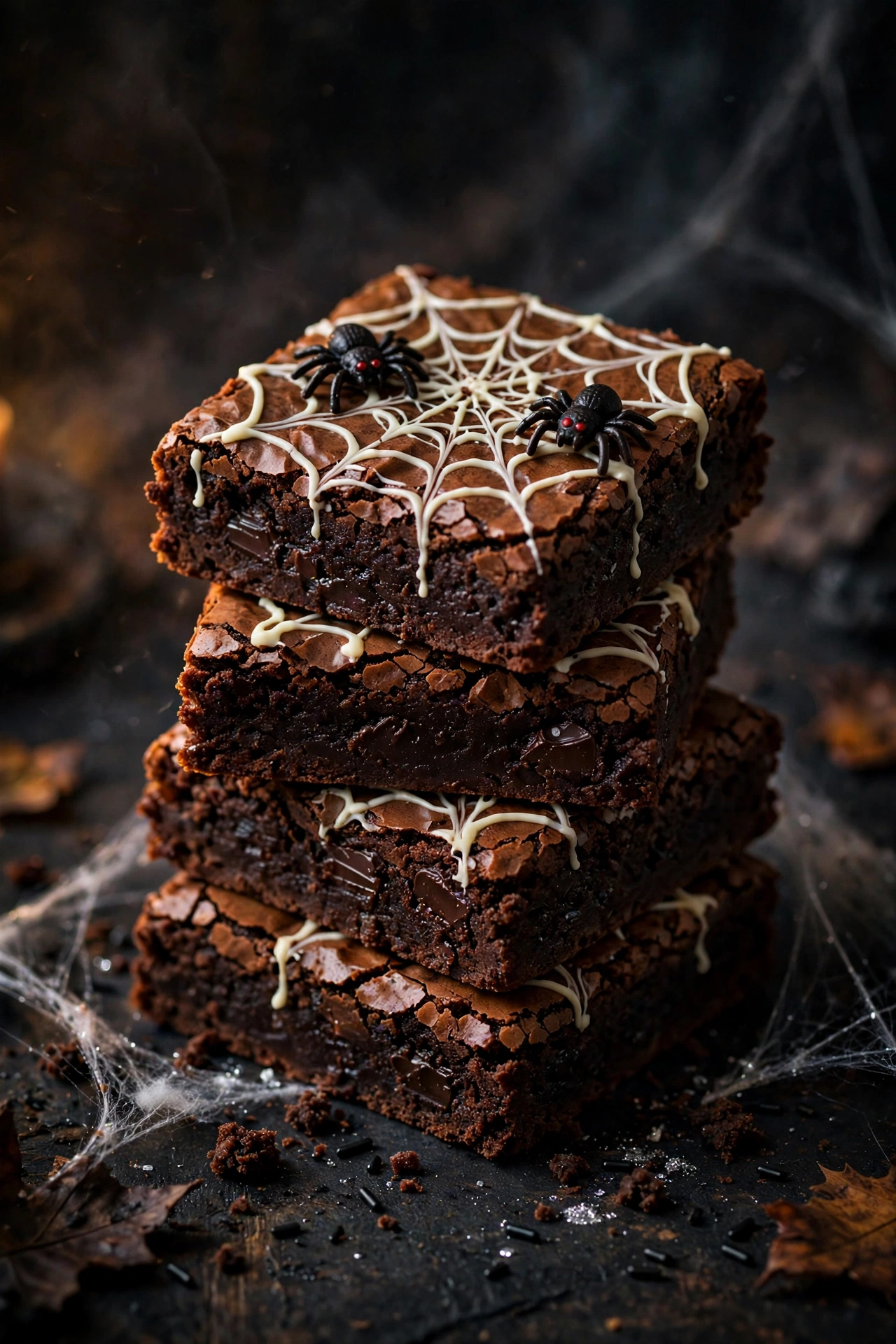 Halloween spiderweb brownies with white chocolate web design and candy spiders