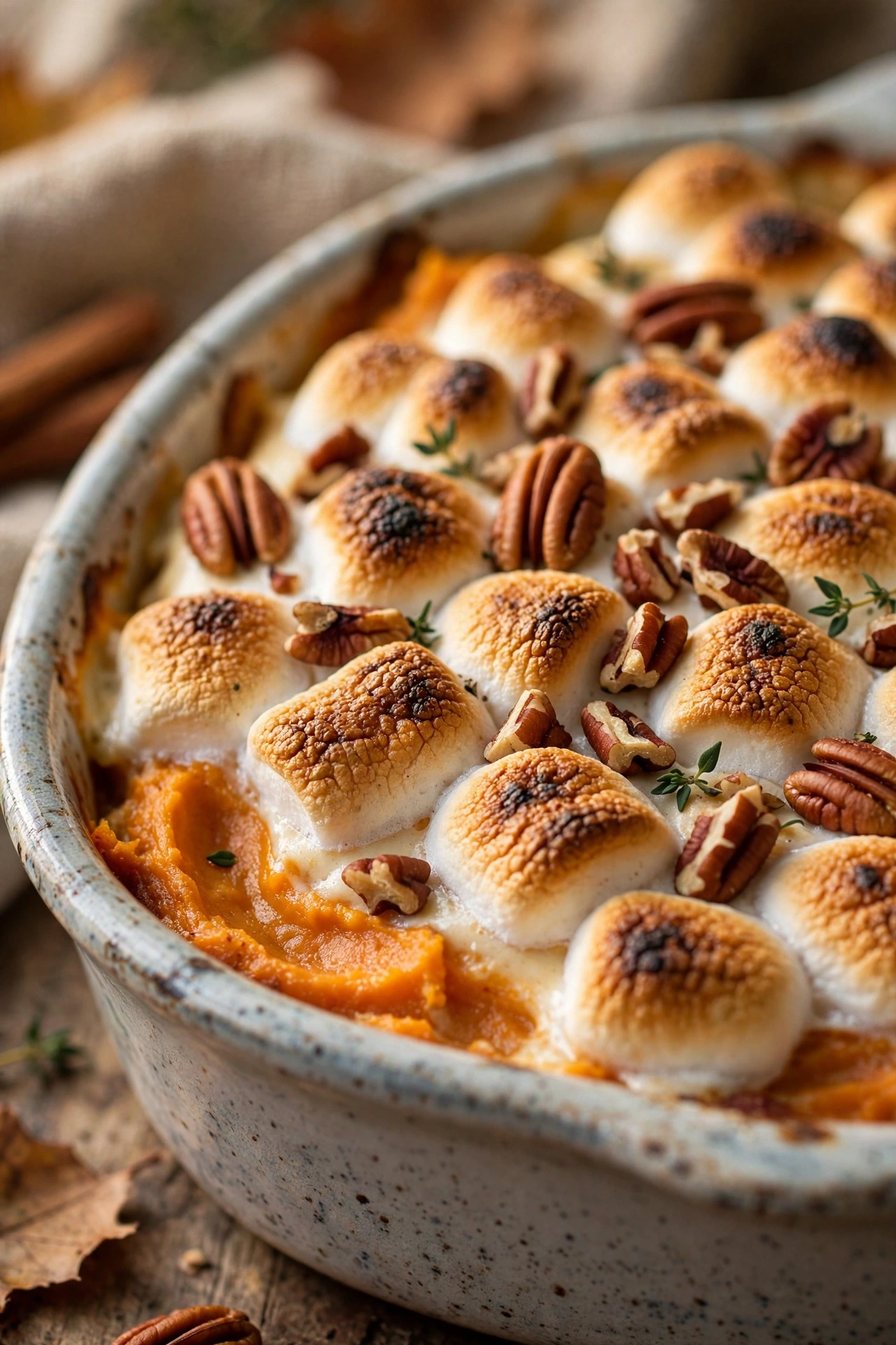 Sweet potato casserole with toasted marshmallow topping and pecans