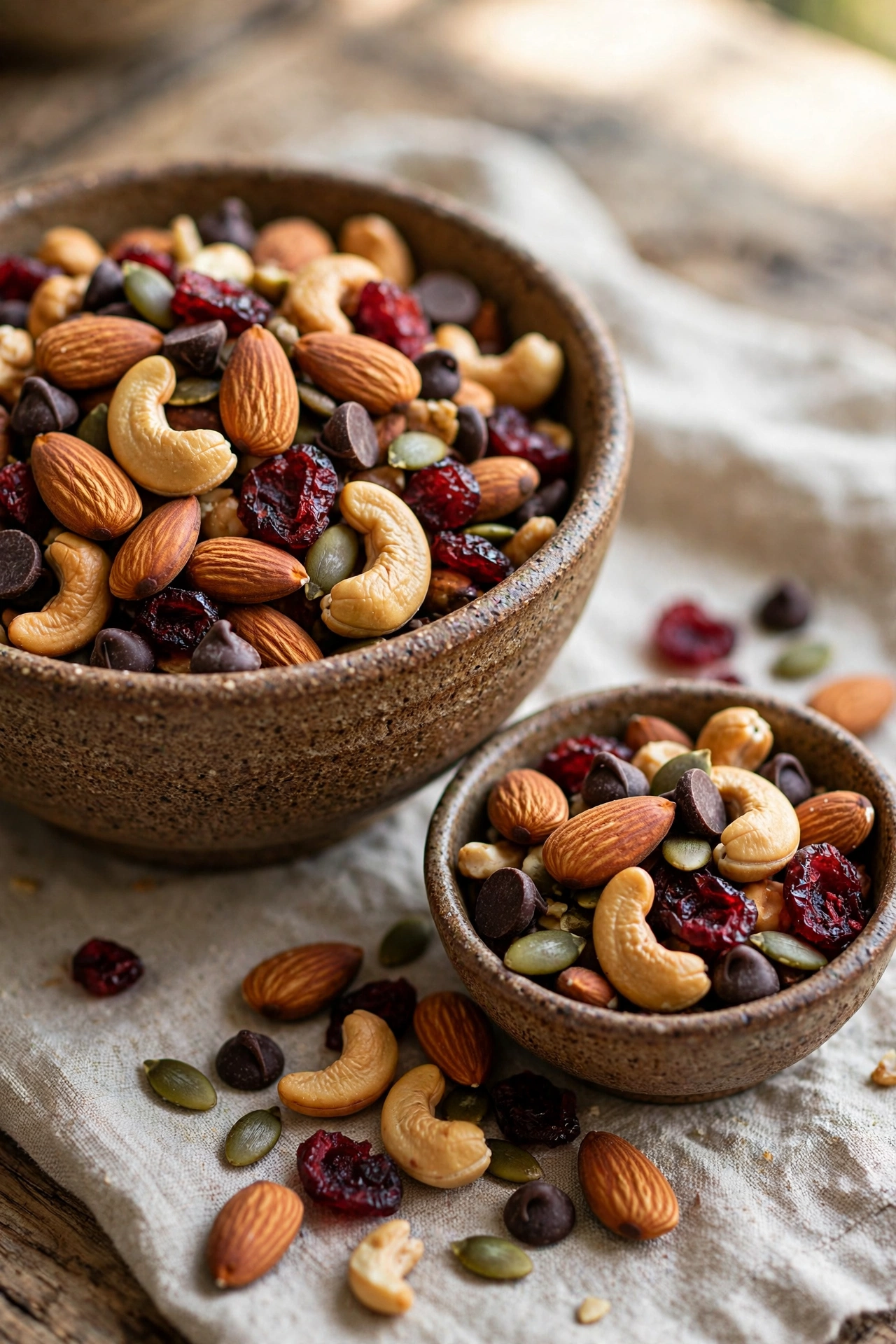 Homemade trail mix with nuts dried fruit and dark chocolate in a rustic bowl