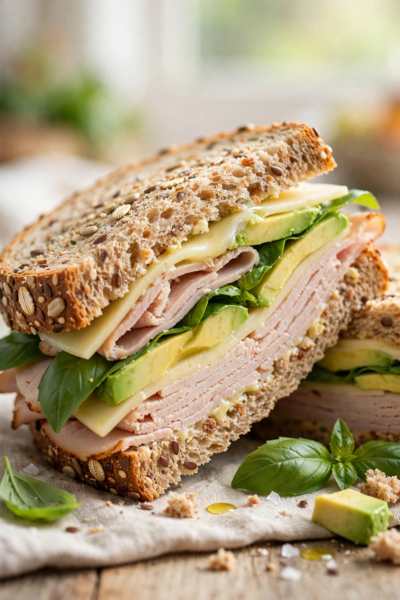 Turkey basil avocado sandwich with provolone on multigrain bread