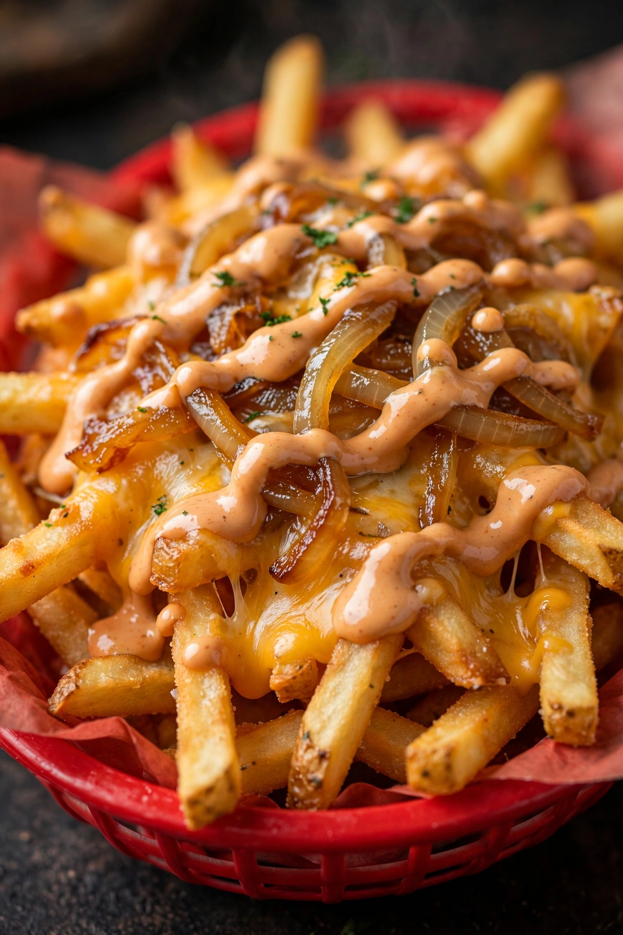 Animal style fries with melted cheese, caramelized onions and burger sauce