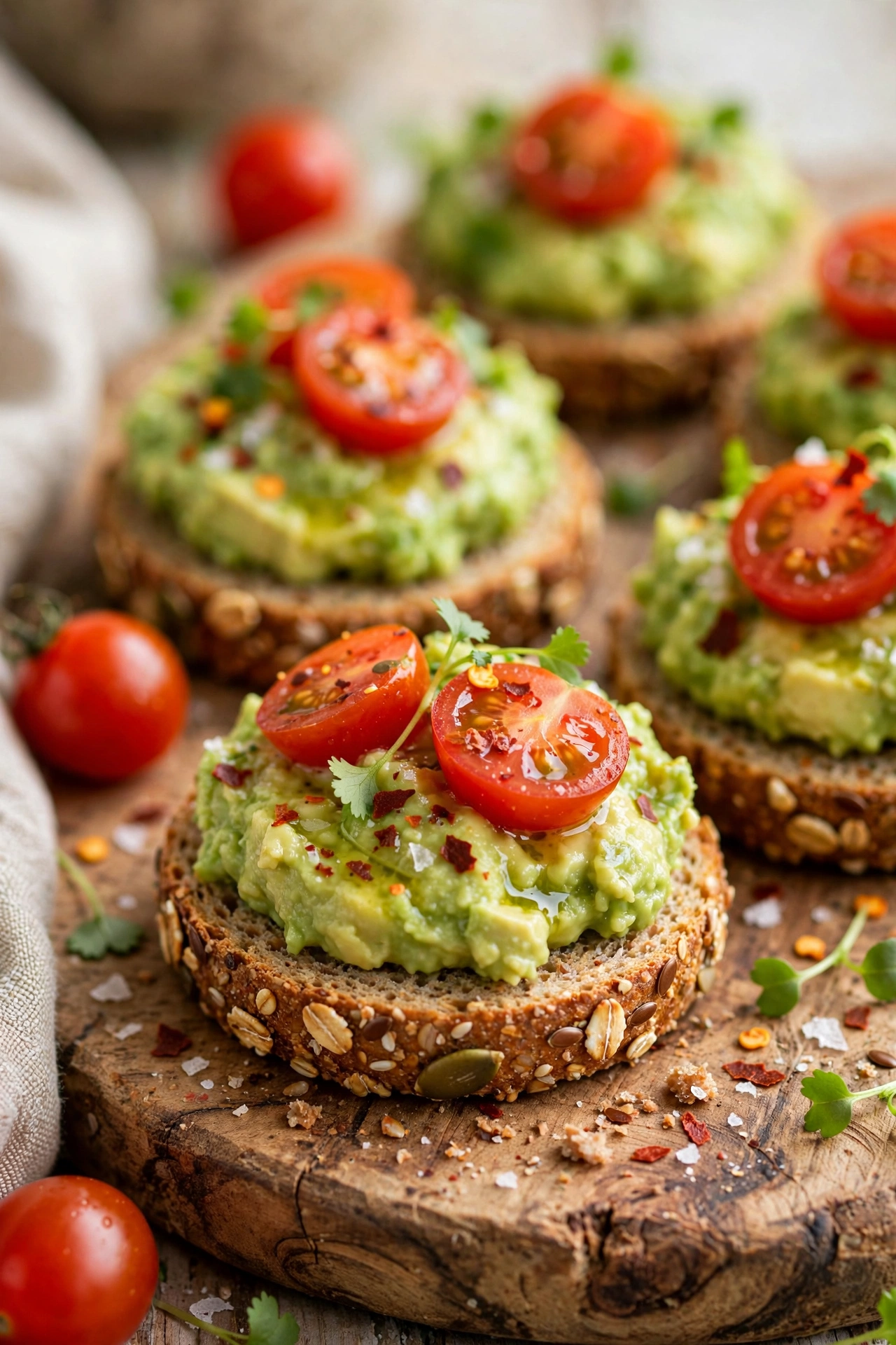 Avocado toast bites with cherry tomatoes and chili flakes on a wooden board