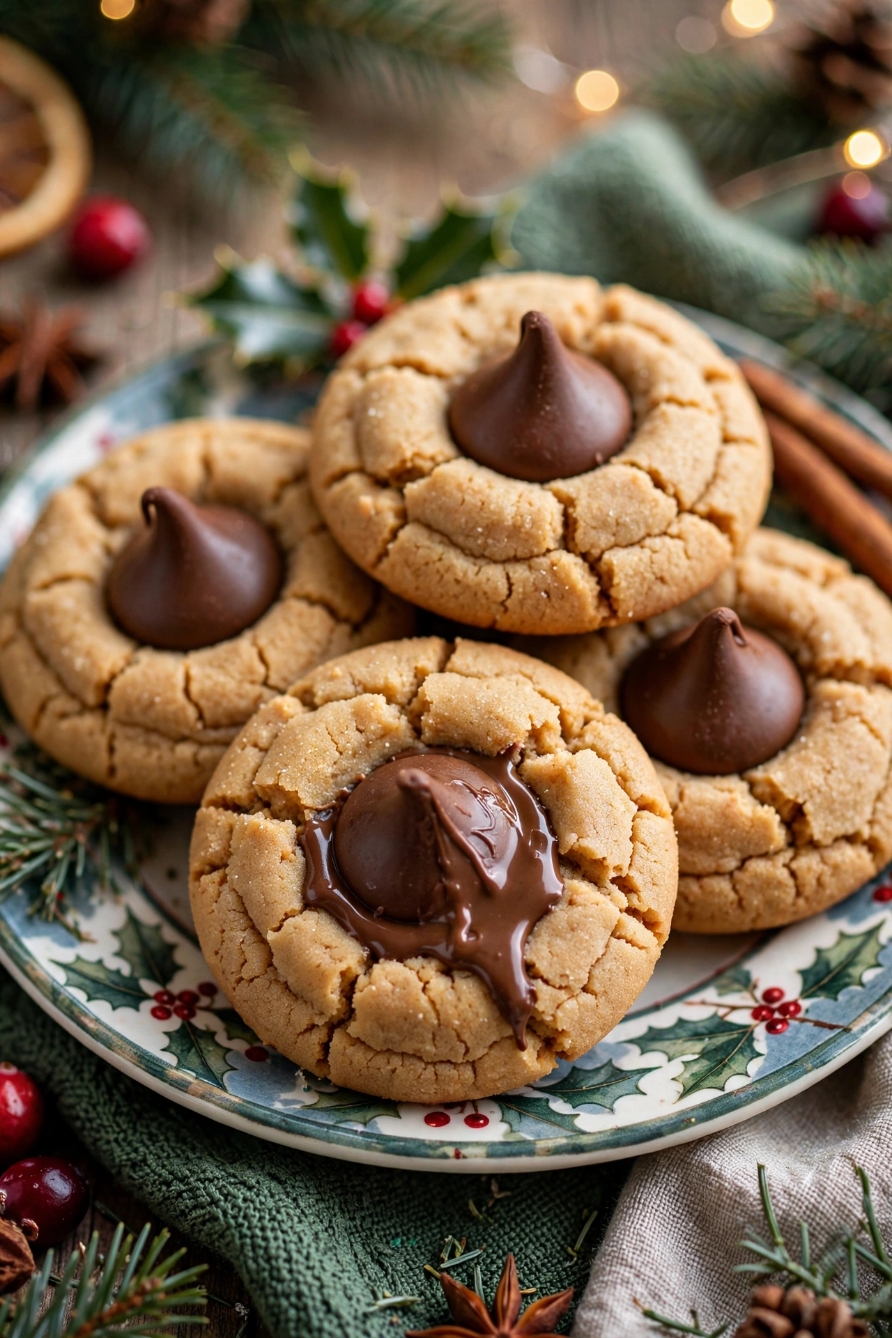 Peanut butter blossom cookies with chocolate kiss centers on a festive plate