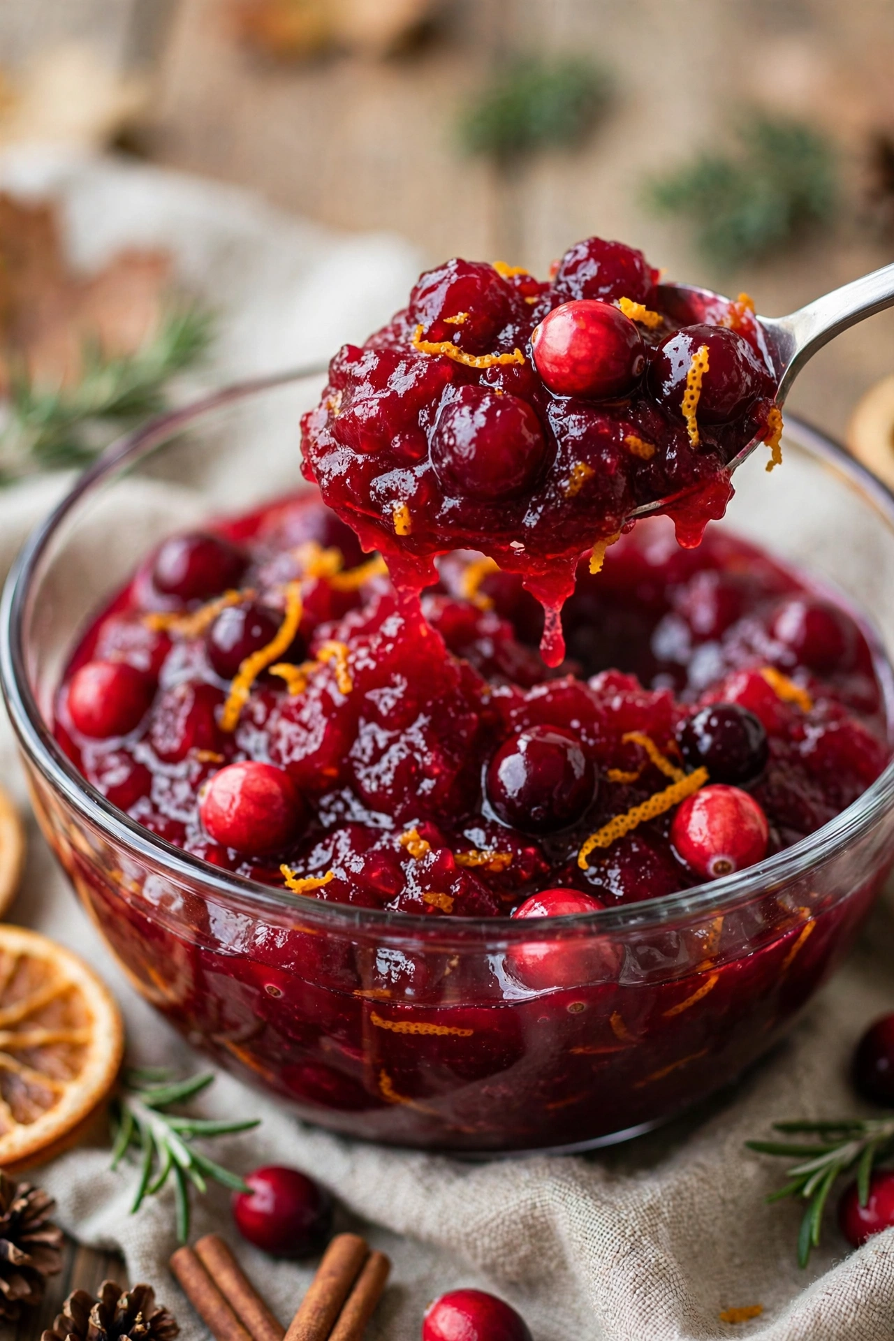 Homemade cranberry sauce with whole berries and orange zest in a glass bowl