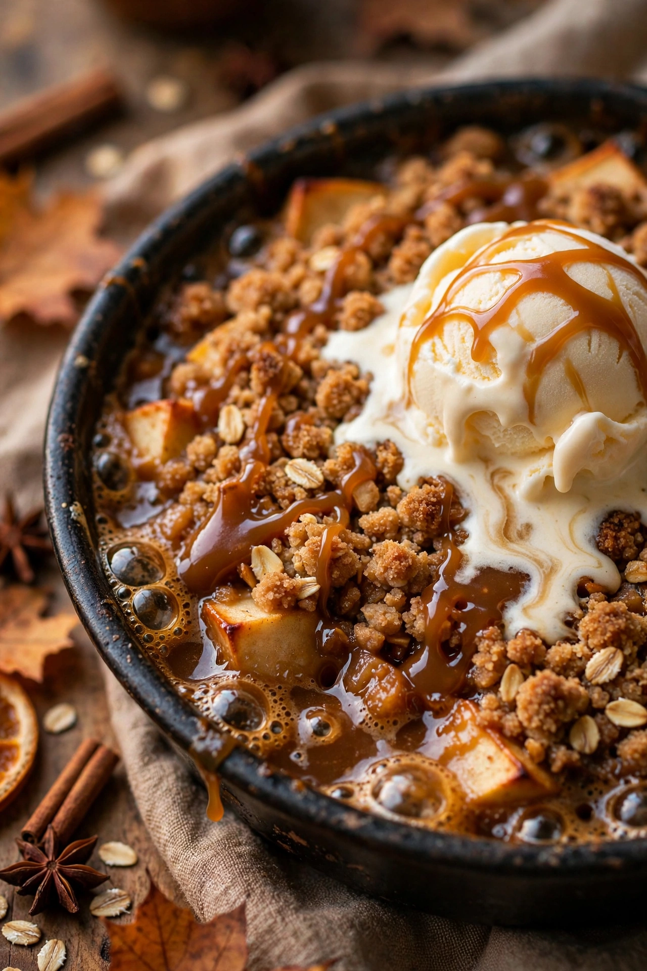 Caramel apple crisp with oat crumble and ice cream in a baking dish
