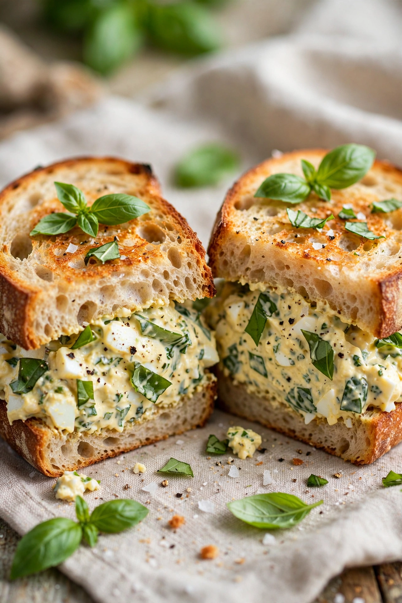 Basil egg salad sandwich on toasted sourdough, cut in half